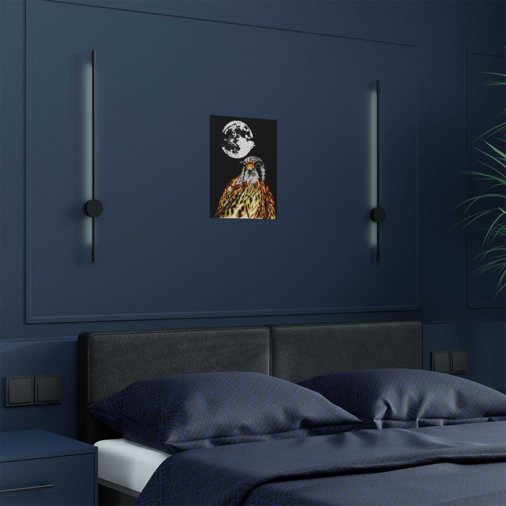 Elevate your space with the Wildlife Satin Poster - Majestic Falcon with Moon Design showcasing the Original, Hand Drawn Art. Bring nature's beauty home today!