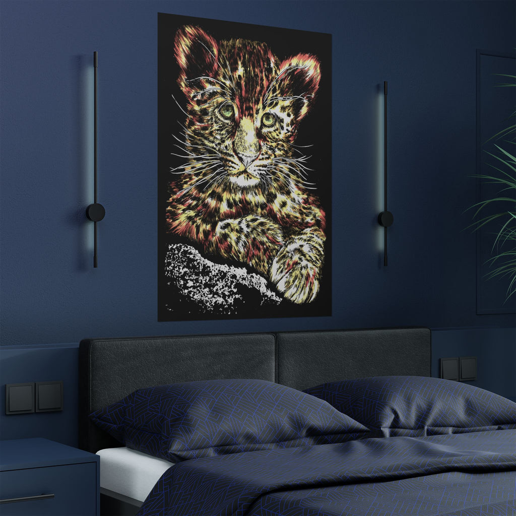 Leopard Cub Satin Poster, Vibrant Art for Animal Lovers