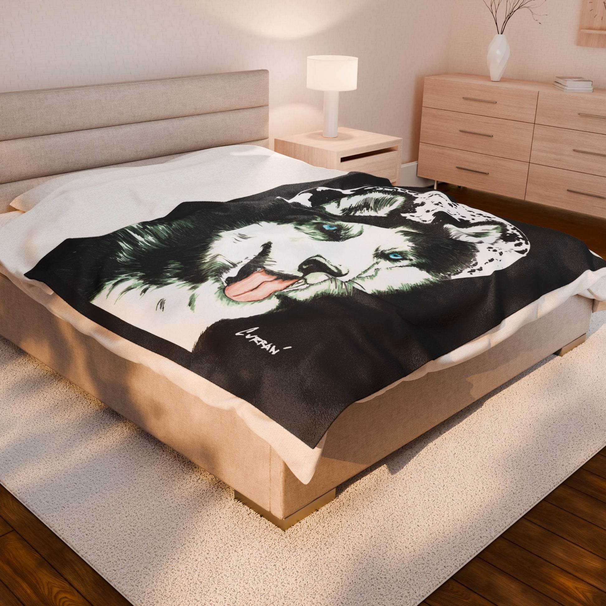 Husky Moon Velveteen Plush Blanket Cozy Pet Lover Gift