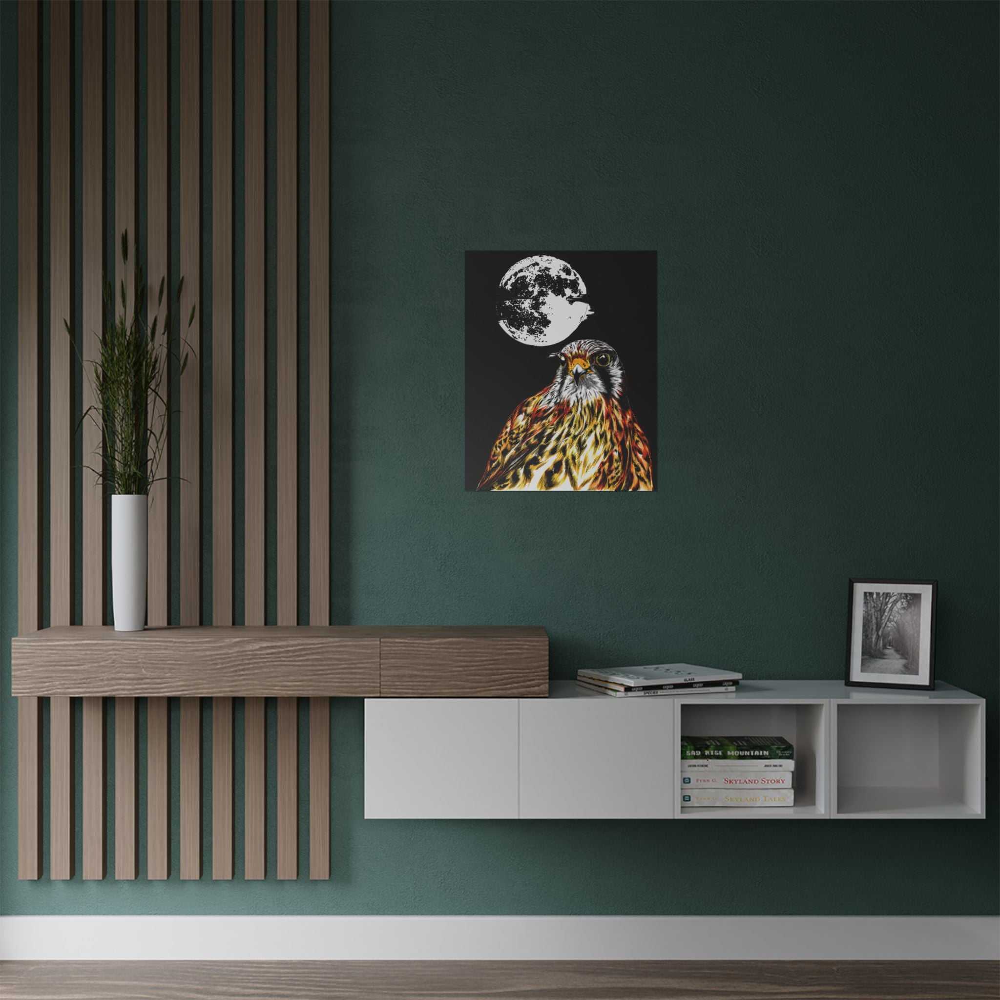 Elevate your space with the Wildlife Satin Poster - Majestic Falcon with Moon Design showcasing the Original, Hand Drawn Art. Bring nature's beauty home today!