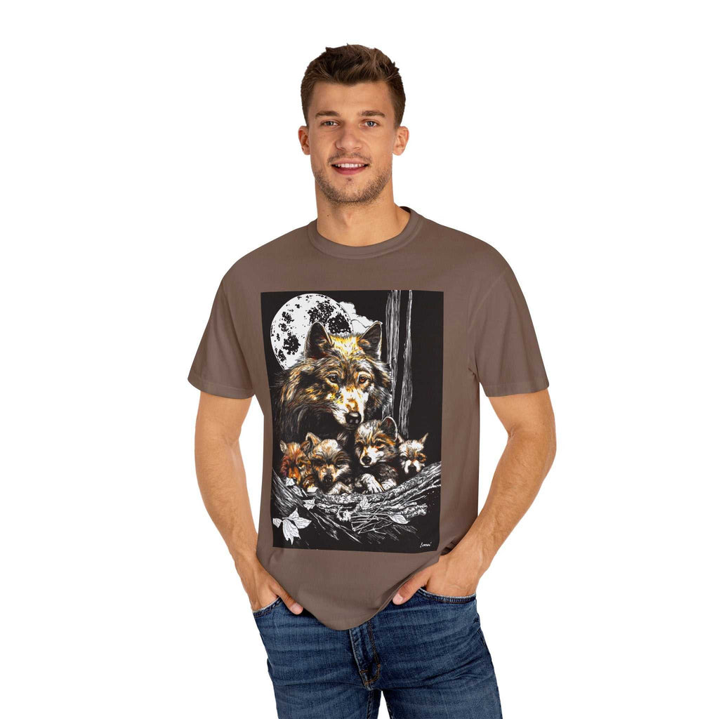 Experience nature inspired art with our exclusive Wolf Family Garment-Dyed T-Shirt - Nature Inspired Art. Stand out in style and connect with wildlife.