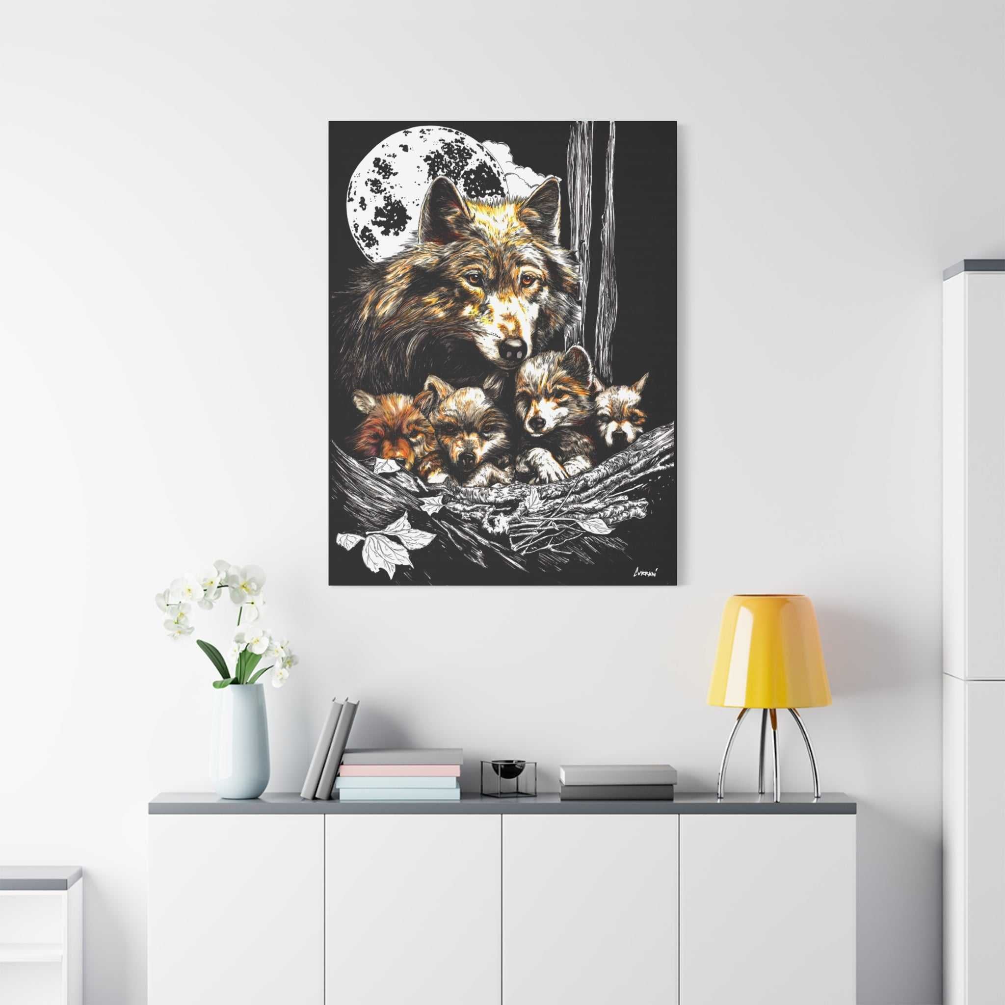 Wolf Wall Art, Wolf Print, Hand-Drawn Wolves, Wildlife Art, Wolf and Cubs, Nature Wall Decor, Animal Lover Gift, Woodland Art Printed on Matte Canvas,