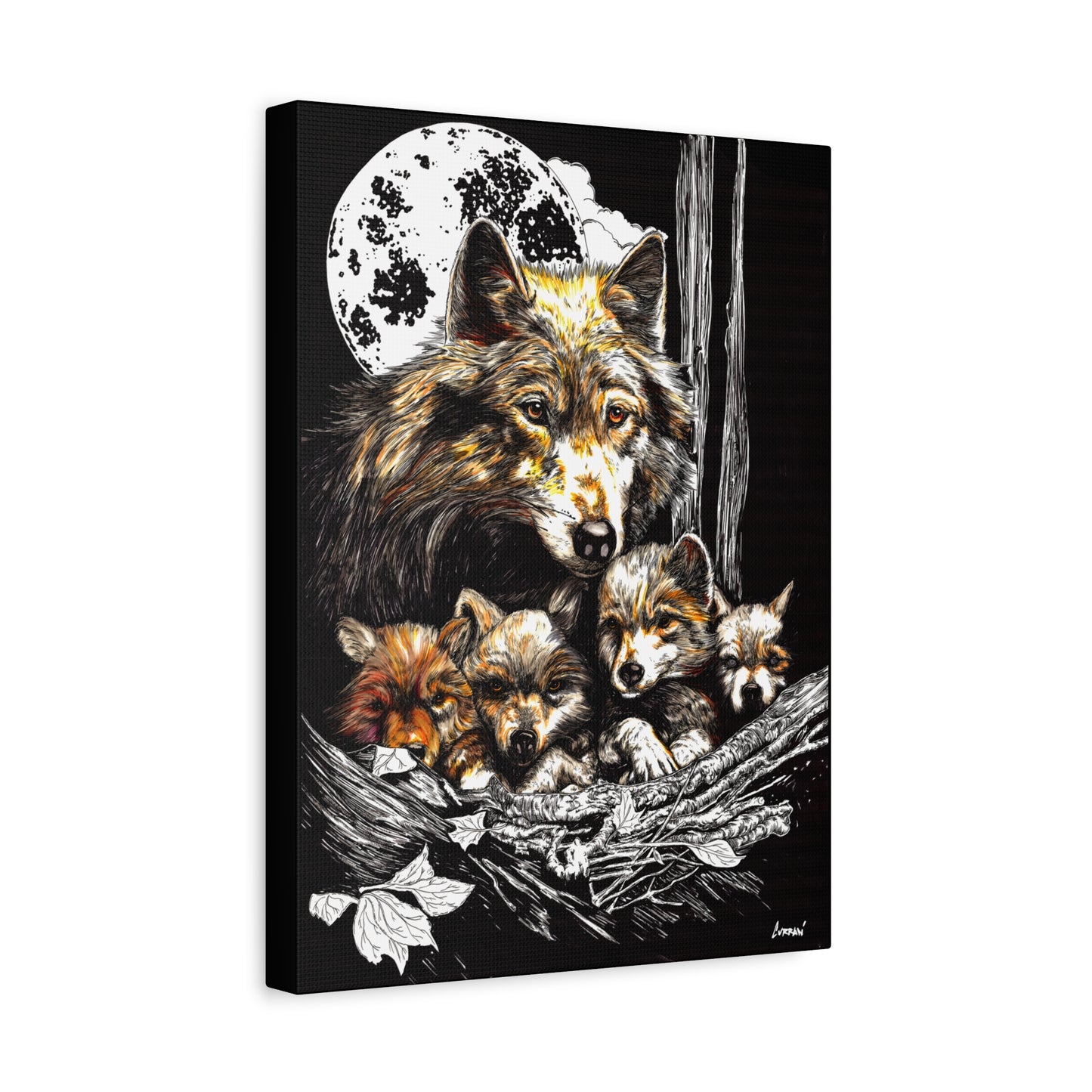 Wolf Wall Art, Wolf Print, Hand-Drawn Wolves, Wildlife Art, Wolf and Cubs, Nature Wall Decor, Animal Lover Gift, Woodland Art Printed on Matte Canvas, Stretched, 1.25"