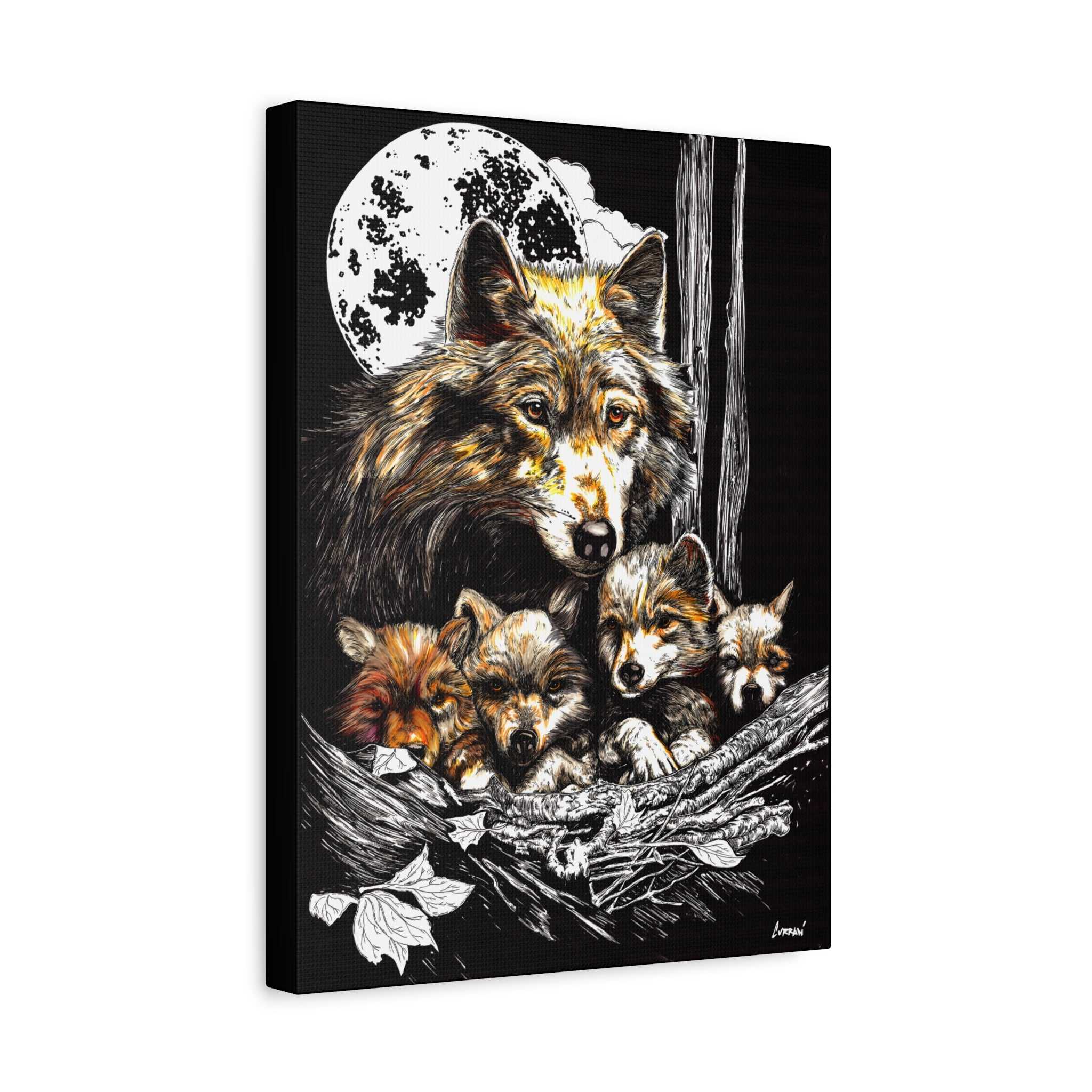 Wolf Wall Art, Wolf Print, Hand-Drawn Wolves, Wildlife Art, Wolf and Cubs, Nature Wall Decor, Animal Lover Gift, Woodland Art Printed on Matte Canvas,