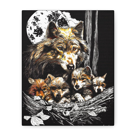 Wolf Wall Art, Wolf Print, Hand-Drawn Wolves, Wildlife Art, Wolf and Cubs, Nature Wall Decor, Animal Lover Gift, Woodland Art Printed on Matte Canvas, Stretched, 1.25"