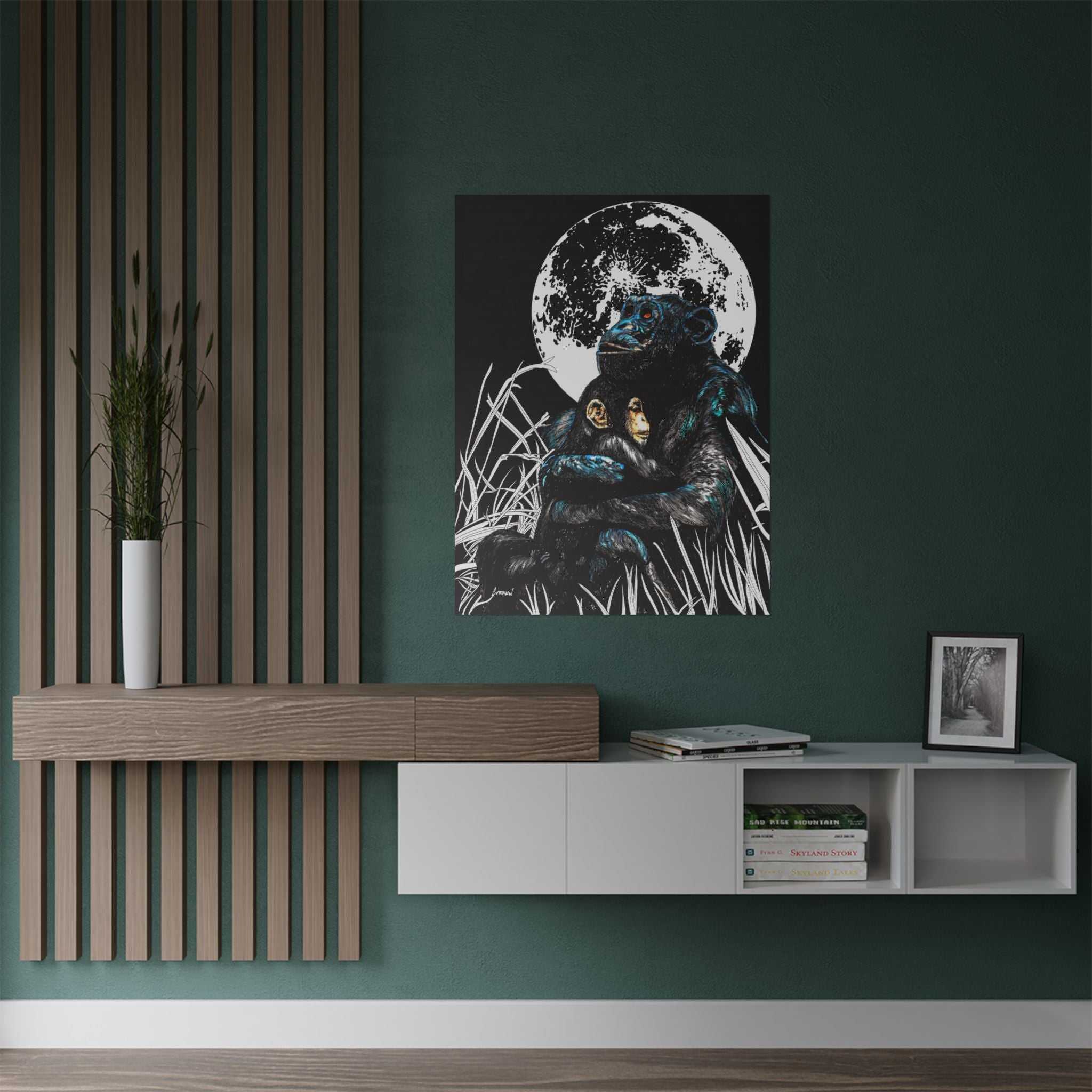Satin Poster - Moonlit Gorilla and Child Embrace Art Print featuring the Hand Drawn, Original Animal Wall Art Poster by Kris Curran artist at Curran Artworks.