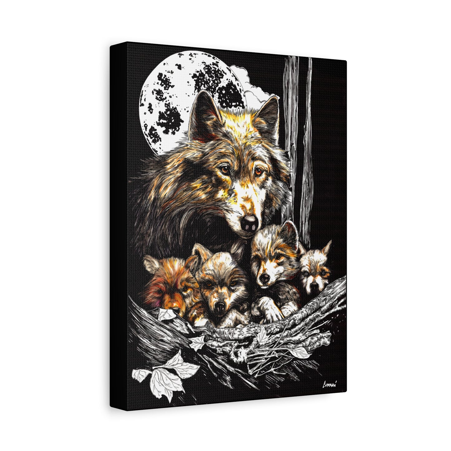 Wolf Wall Art, Wolf Print, Hand-Drawn Wolves, Wildlife Art, Wolf and Cubs, Nature Wall Decor, Animal Lover Gift, Woodland Art Printed on Matte Canvas, Stretched, 1.25"