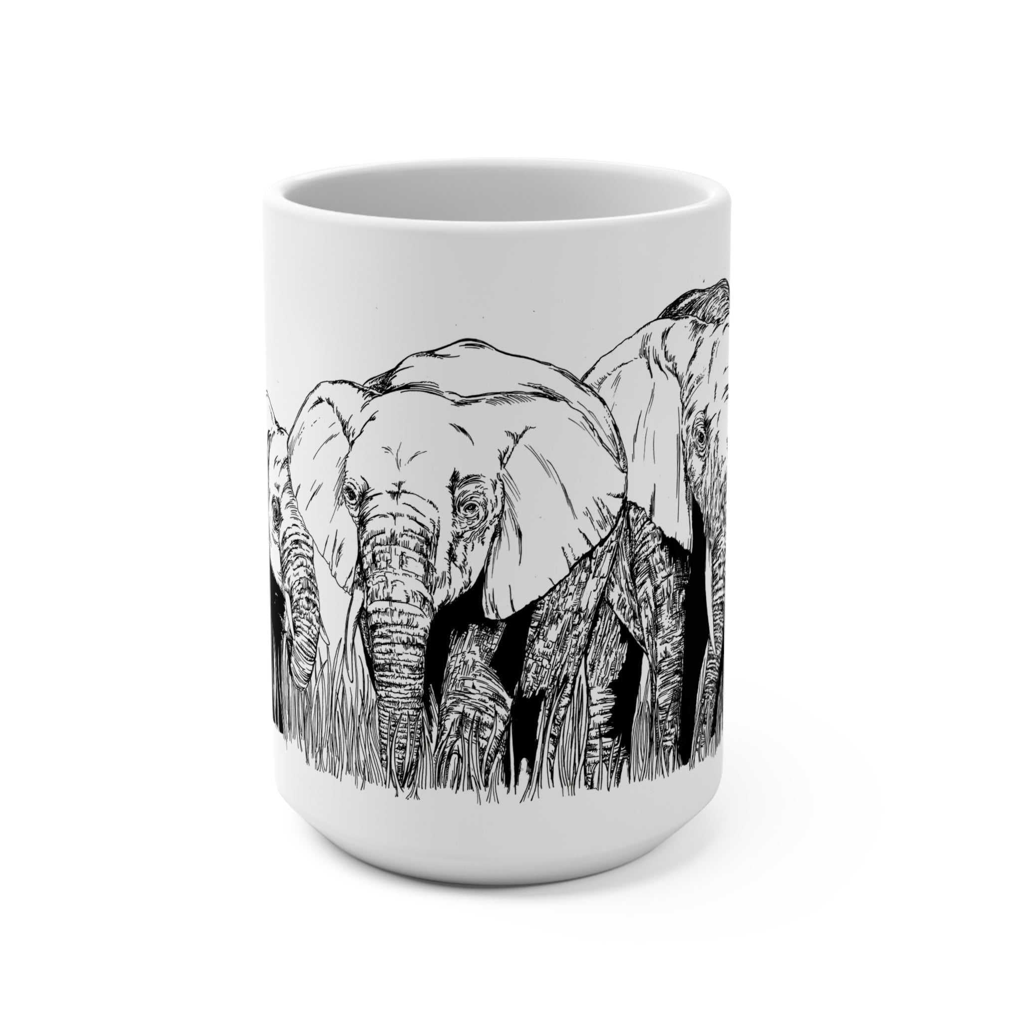 15oz Mug depicting Original Hand-Drawn Elephant Family Art