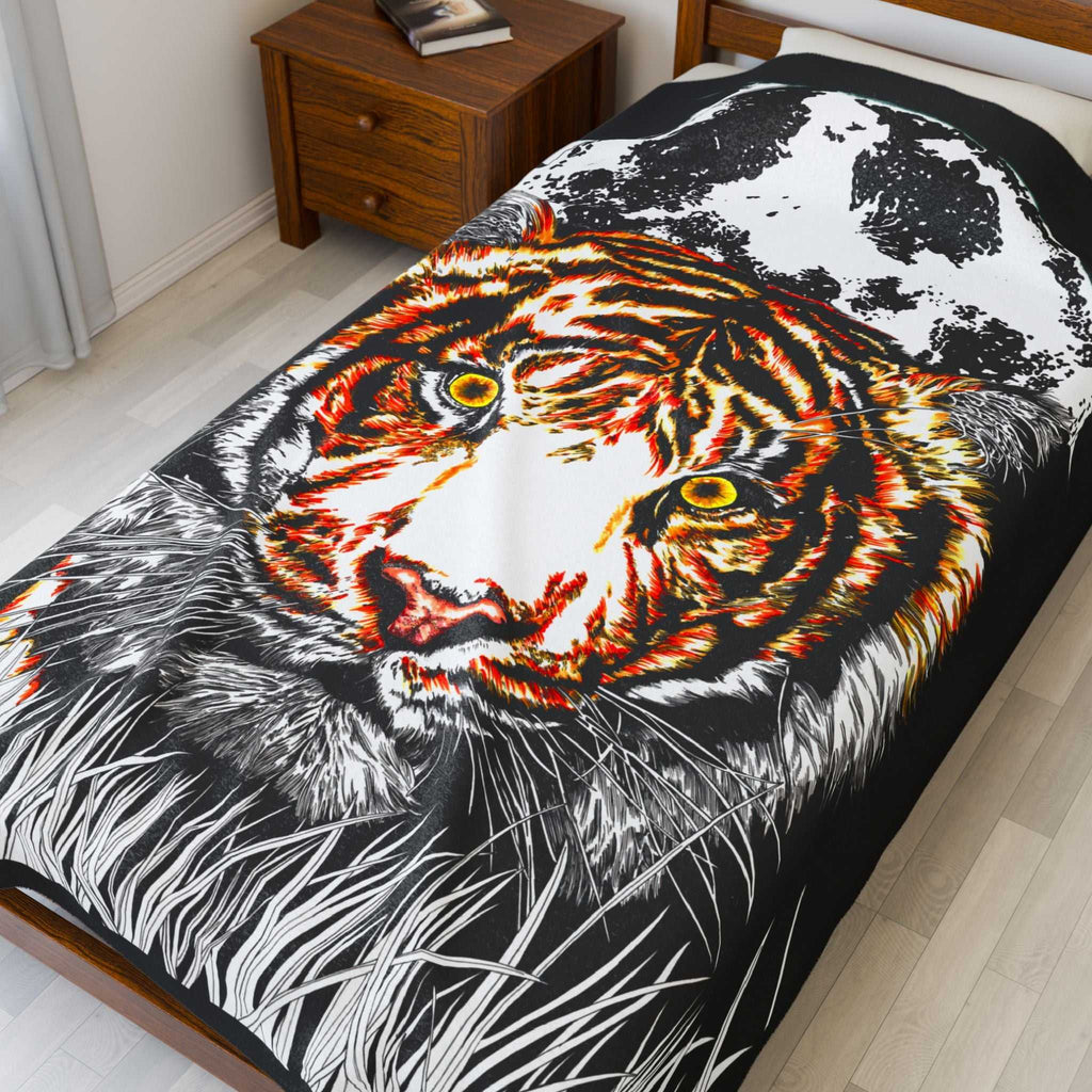 Majestic tiger artwork blanket featuring vibrant colors and a striking design on plush fabric.
