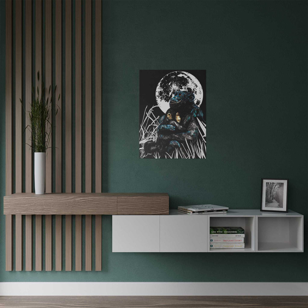 Satin Poster - Moonlit Gorilla and Child Embrace Art Print featuring the Hand Drawn, Original Animal Wall Art Poster by Kris Curran artist at Curran Artworks.