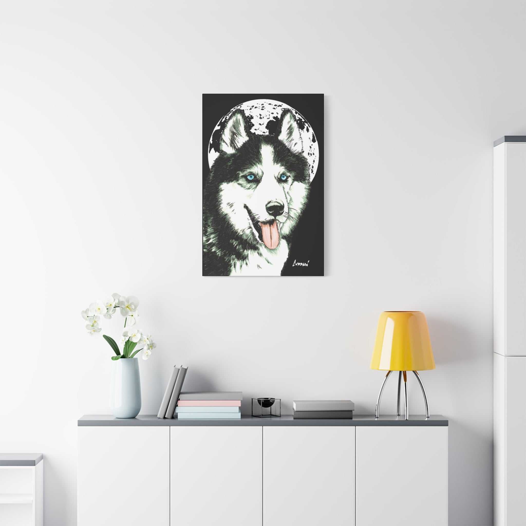 Transform your space with Siberian Husky Canvas Wall Art - Moonlit Dog Decor. Add a touch of mystery and beauty to your walls today!