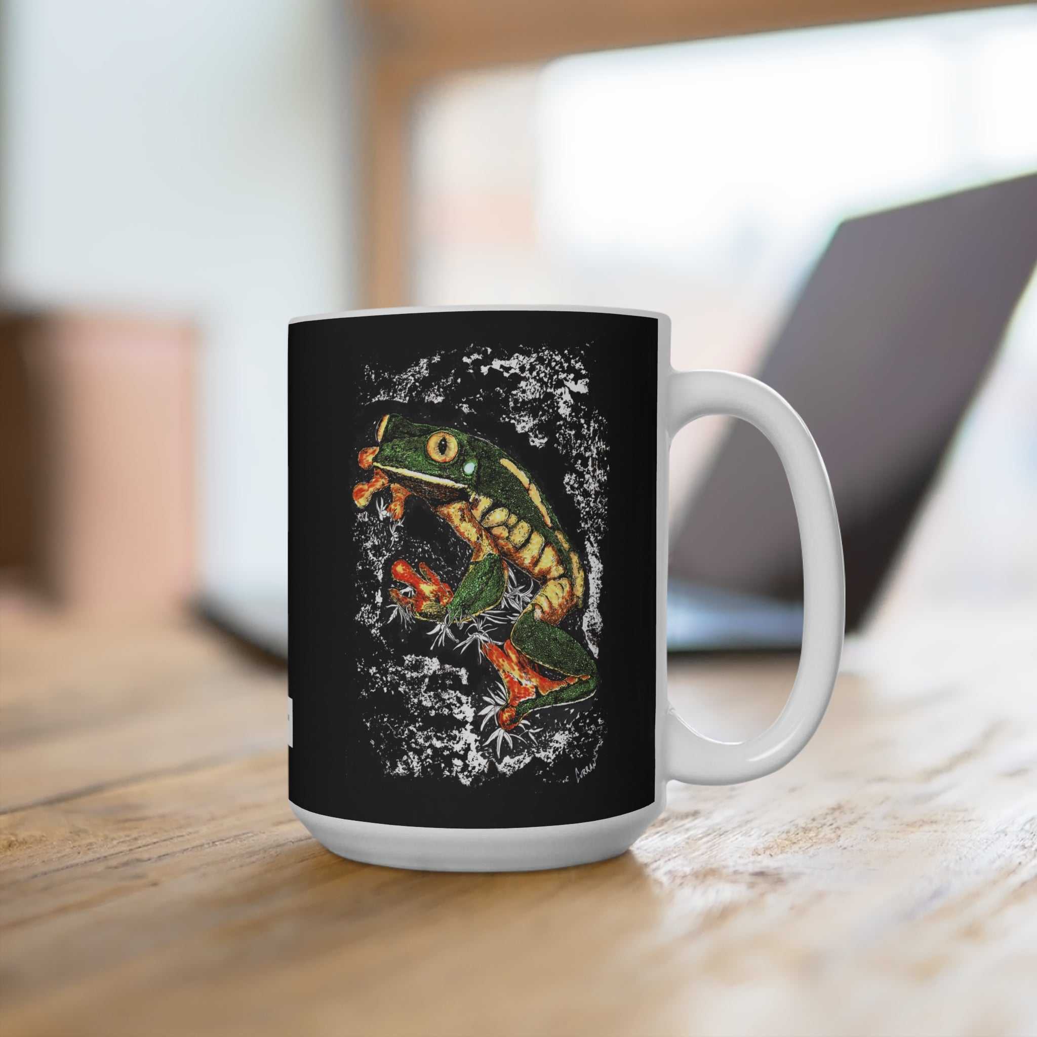 Unlock your love for nature with our Frog Art 15oz Mug - Perfect for Nature Lovers and Coffee Enthusiasts. Start your day with a sip of wilderness!