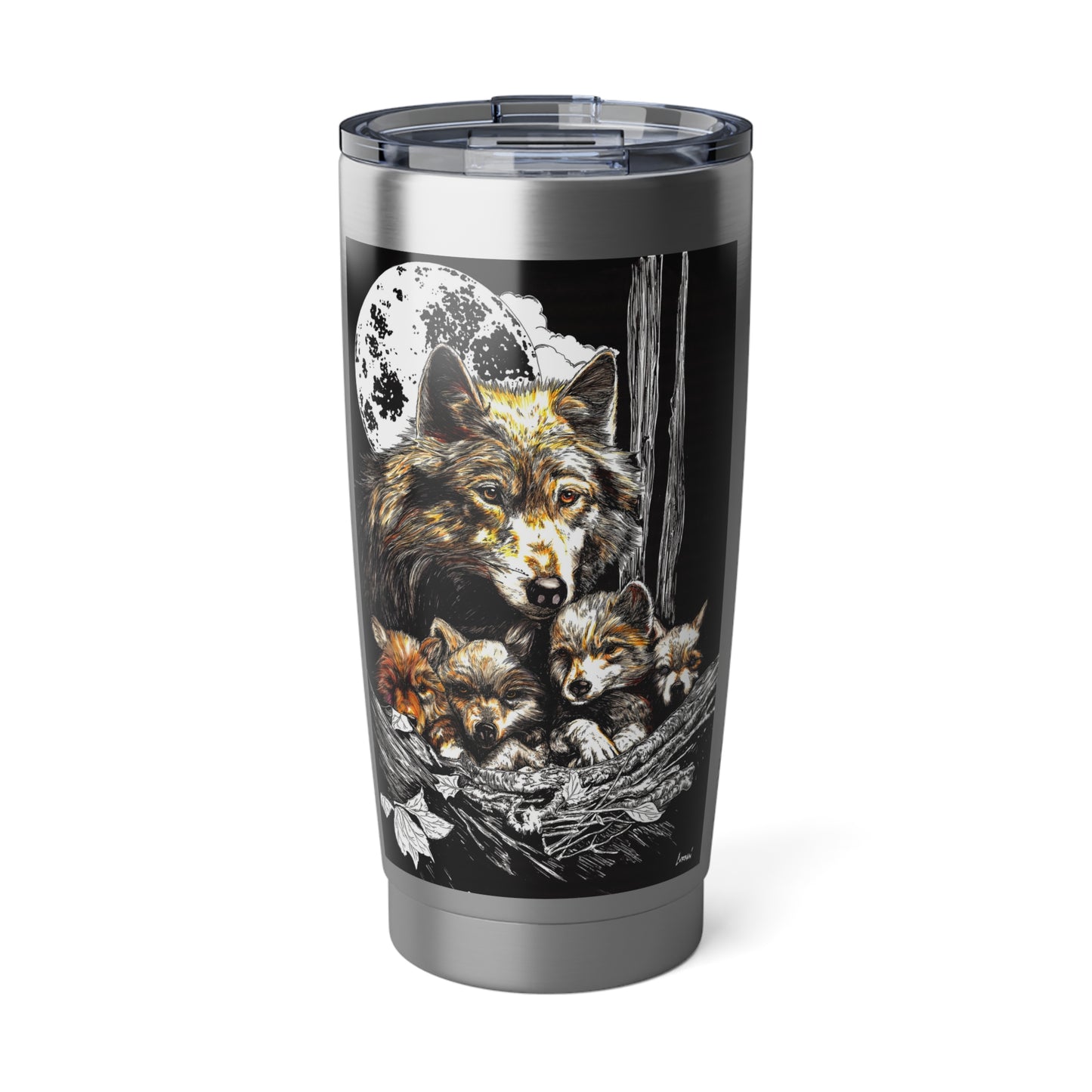 Wolf and Cubs Travel Mug, Vagabond Tumbler, Original Art Cup, Wildlife Gift, Hand Drawn Coffee Container, Animal Lover Mug