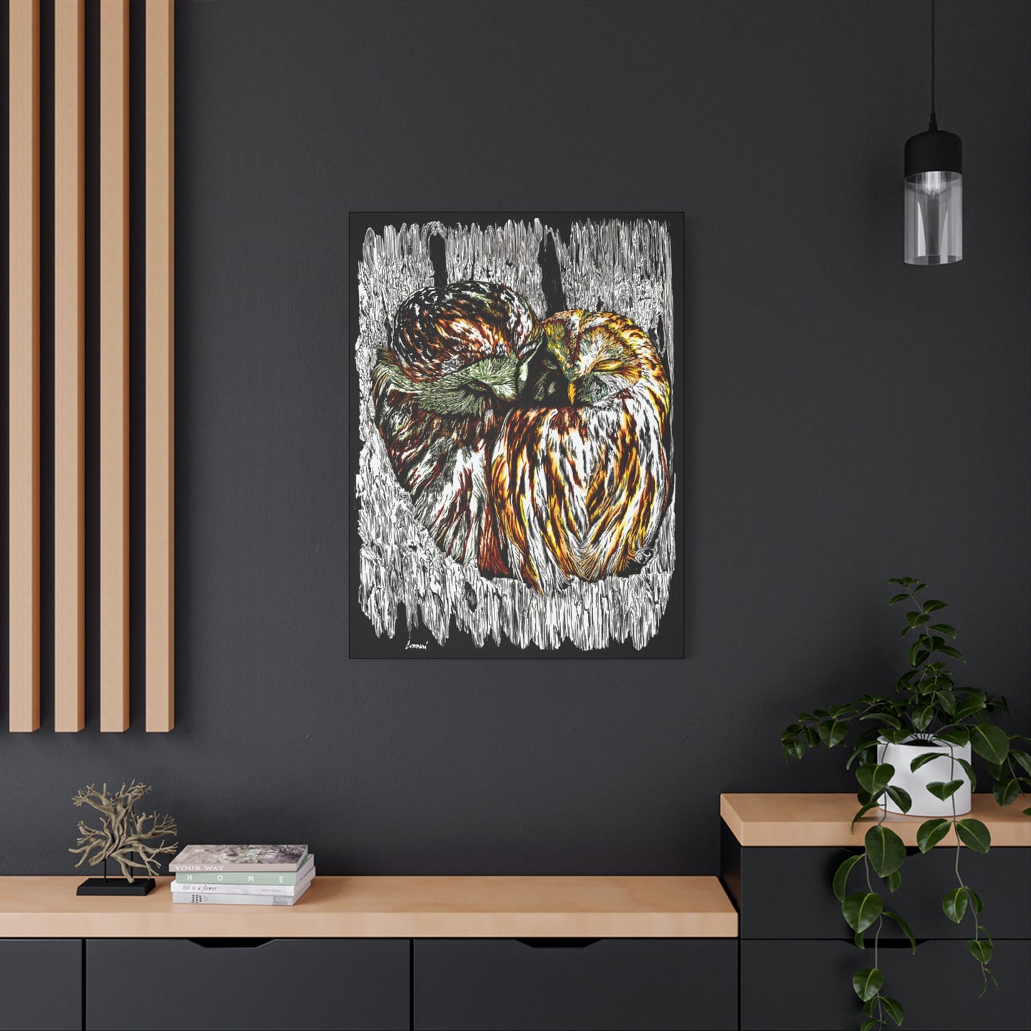 Owl Wall Art, Owl Print, Hand-Drawn Owls, Wildlife Art, Birds in Tree, Nature Wall Decor, Owl Lovers Gift, Woodland Art. Printed on Matte Canvas, Stretched, 1.25"