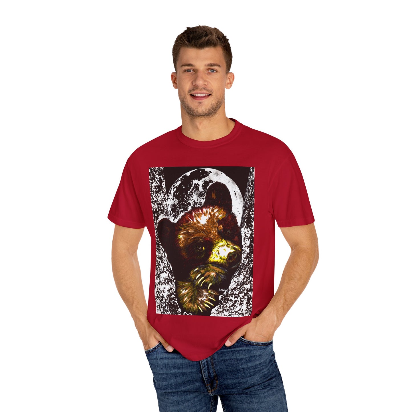Moonlit Brown Bear Cub Unisex Garment-Dyed T-Shirt | Nature-Inspired Apparel