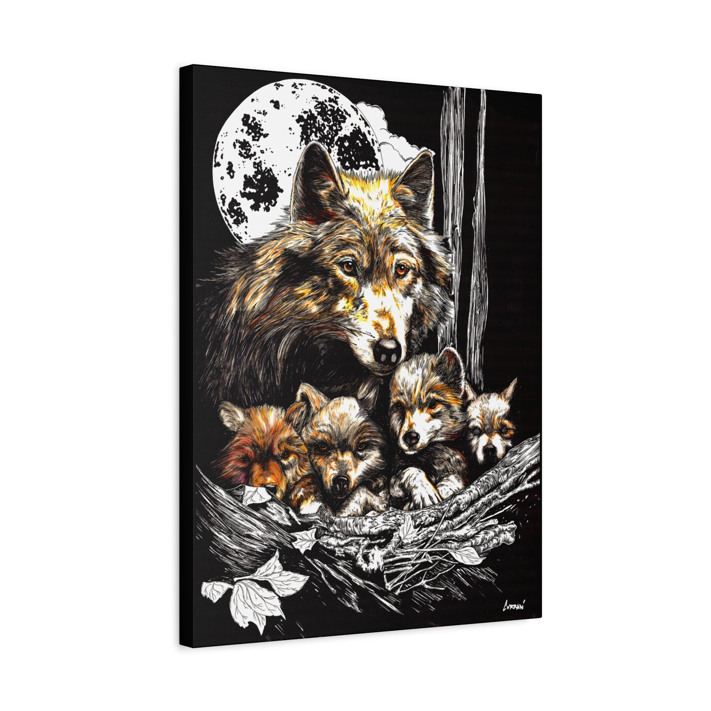 Wolf Wall Art, Wolf Print, Hand-Drawn Wolves, Wildlife Art, Wolf and Cubs, Nature Wall Decor, Animal Lover Gift, Woodland Art Printed on Matte Canvas, Stretched, 1.25"
