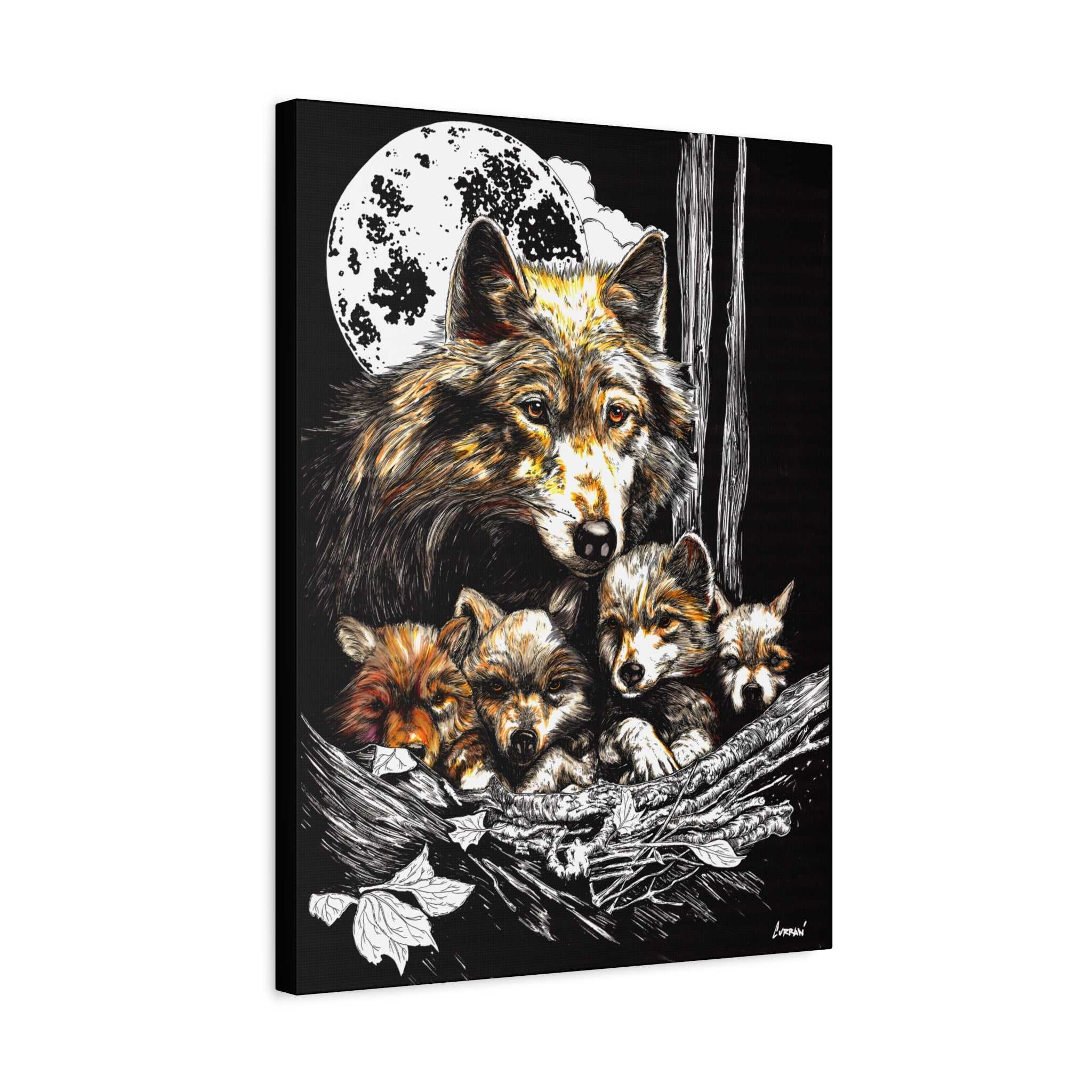 Wolf Wall Art, Wolf Print, Hand-Drawn Wolves, Wildlife Art, Wolf and Cubs, Nature Wall Decor, Animal Lover Gift, Woodland Art Printed on Matte Canvas,