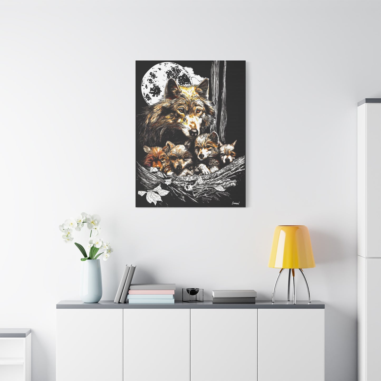 Wolf Wall Art, Wolf Print, Hand-Drawn Wolves, Wildlife Art, Wolf and Cubs, Nature Wall Decor, Animal Lover Gift, Woodland Art Printed on Matte Canvas, Stretched, 1.25"