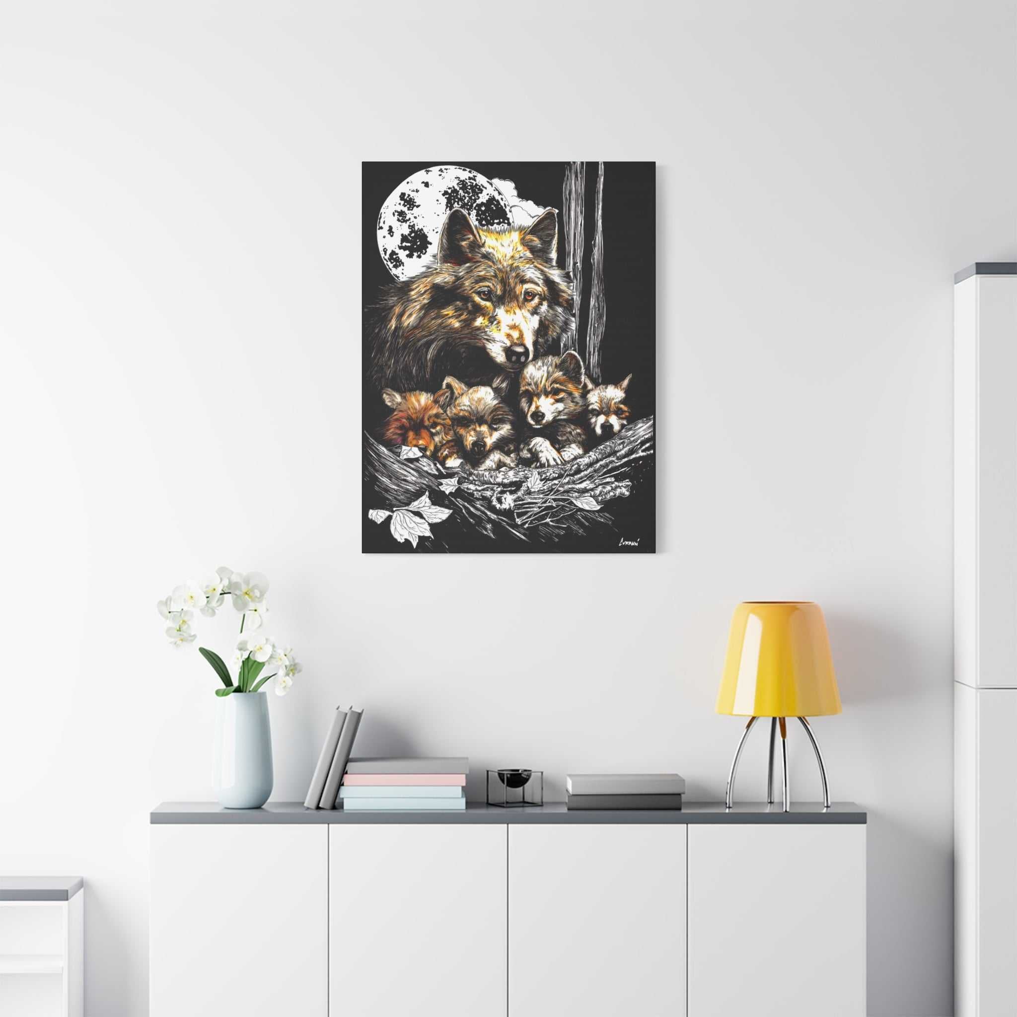Wolf Wall Art, Wolf Print, Hand-Drawn Wolves, Wildlife Art, Wolf and Cubs, Nature Wall Decor, Animal Lover Gift, Woodland Art Printed on Matte Canvas,