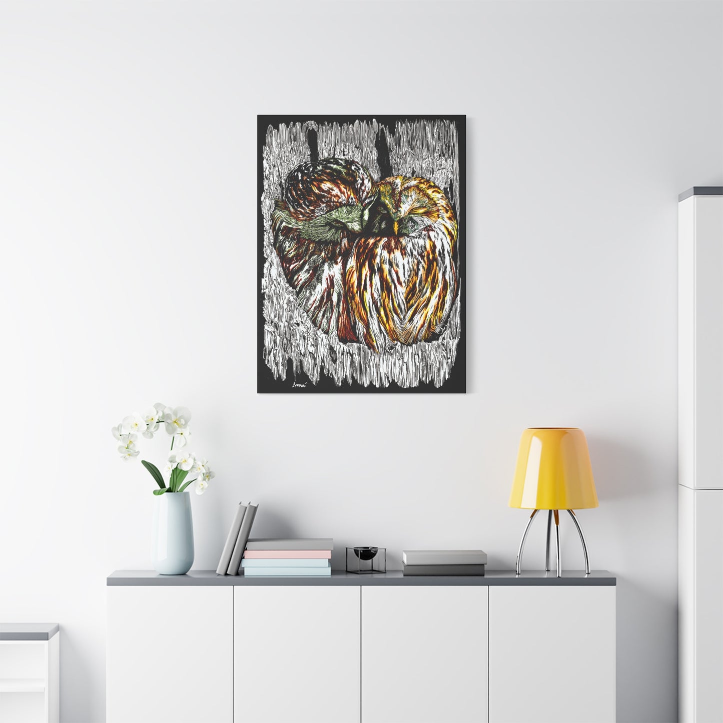Owl Wall Art, Owl Print, Hand-Drawn Owls, Wildlife Art, Birds in Tree, Nature Wall Decor, Owl Lovers Gift, Woodland Art. Printed on Matte Canvas, Stretched, 1.25"