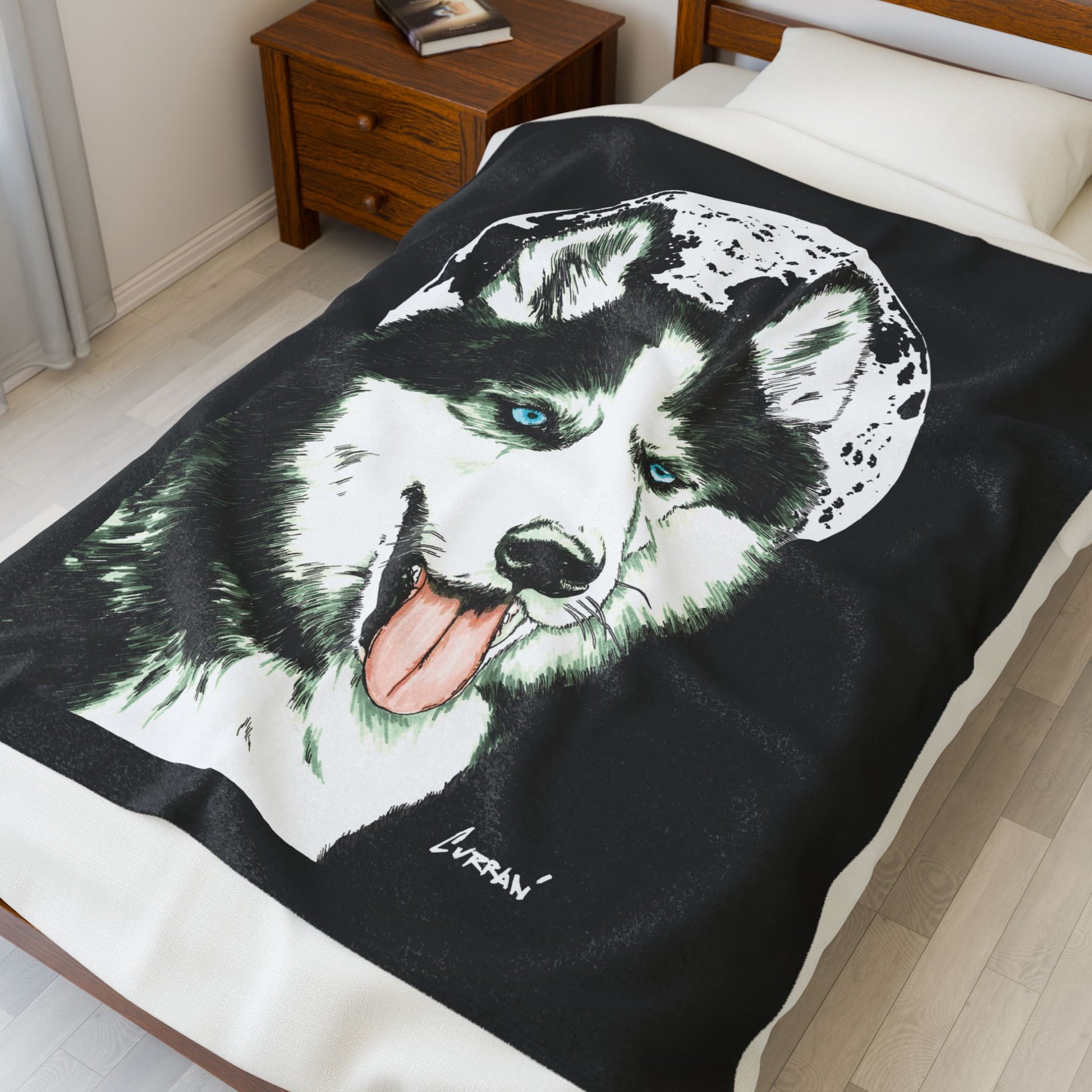 Husky Moon Velveteen Plush Blanket Cozy Pet Lover Gift