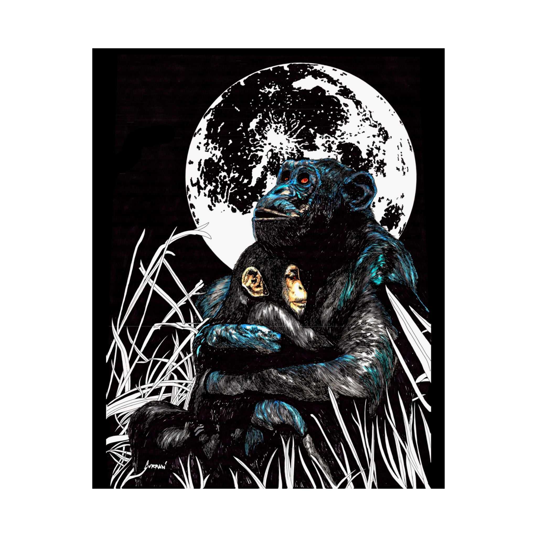 Satin Poster - Moonlit Gorilla and Child Embrace Art Print featuring the Hand Drawn, Original Animal Wall Art Poster by Kris Curran artist at Curran Artworks.