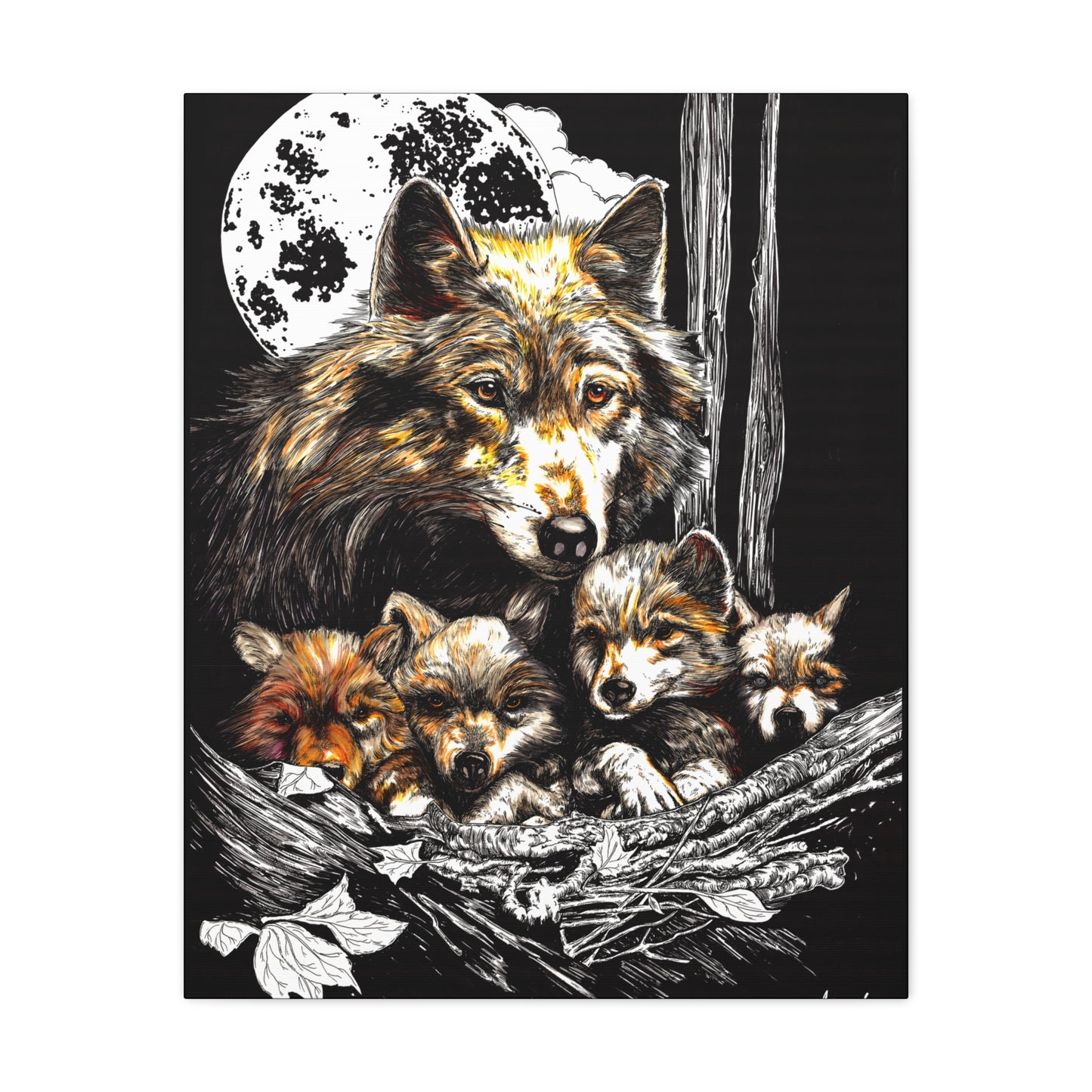 Wolf Wall Art, Wolf Print, Hand-Drawn Wolves, Wildlife Art, Wolf and Cubs, Nature Wall Decor, Animal Lover Gift, Woodland Art Printed on Matte Canvas, Stretched, 1.25"