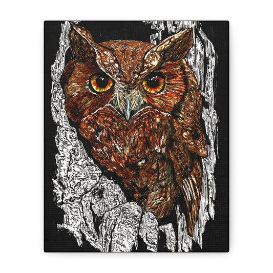 Owls in a Tree Wall Art Canvas Print of the Original, hand drawn wall art of an Owls in a Tree