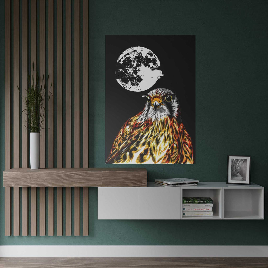 Elevate your space with the Wildlife Satin Poster - Majestic Falcon with Moon Design showcasing the Original, Hand Drawn Art. Bring nature's beauty home today!