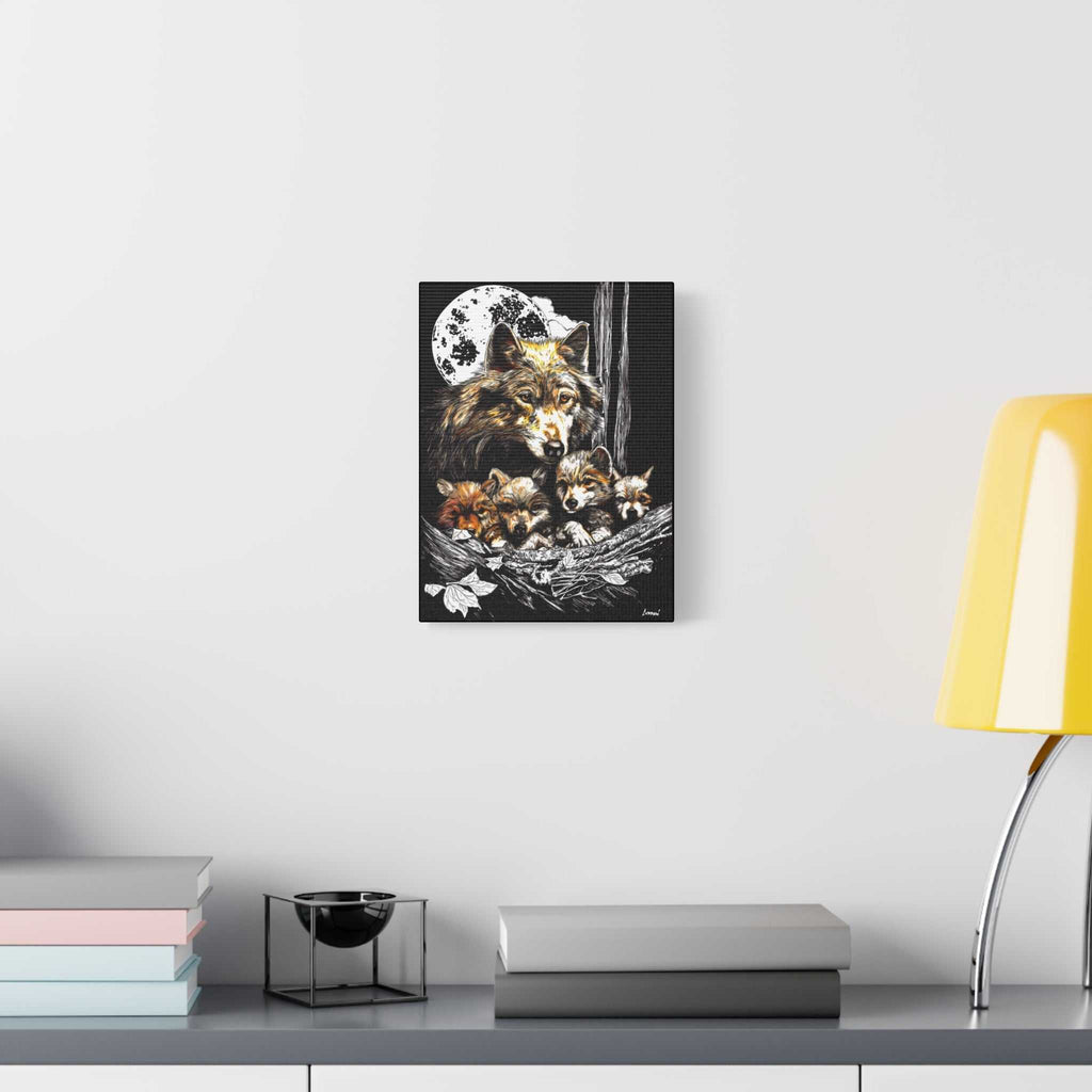 Wolf Wall Art, Wolf Print, Hand-Drawn Wolves, Wildlife Art, Wolf and Cubs, Nature Wall Decor, Animal Lover Gift, Woodland Art Printed on Matte Canvas,