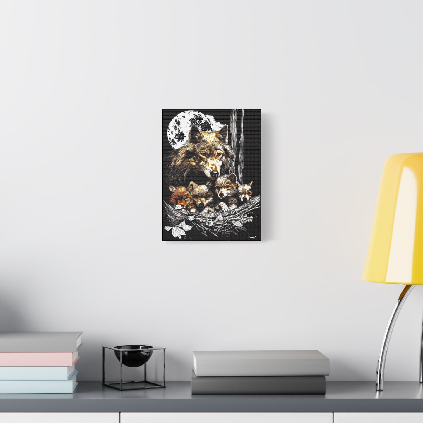 Wolf Wall Art, Wolf Print, Hand-Drawn Wolves, Wildlife Art, Wolf and Cubs, Nature Wall Decor, Animal Lover Gift, Woodland Art Printed on Matte Canvas, Stretched, 1.25"