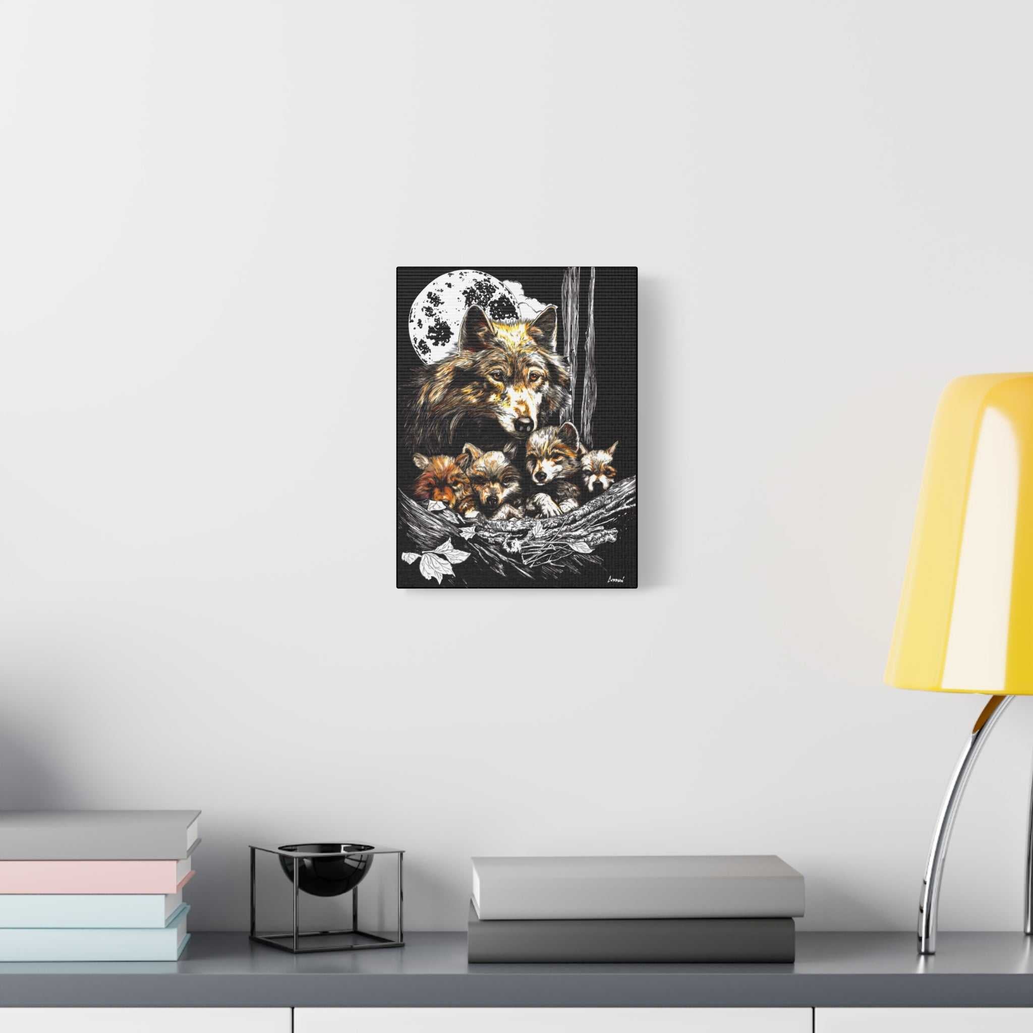 Wolf Wall Art, Wolf Print, Hand-Drawn Wolves, Wildlife Art, Wolf and Cubs, Nature Wall Decor, Animal Lover Gift, Woodland Art Printed on Matte Canvas,