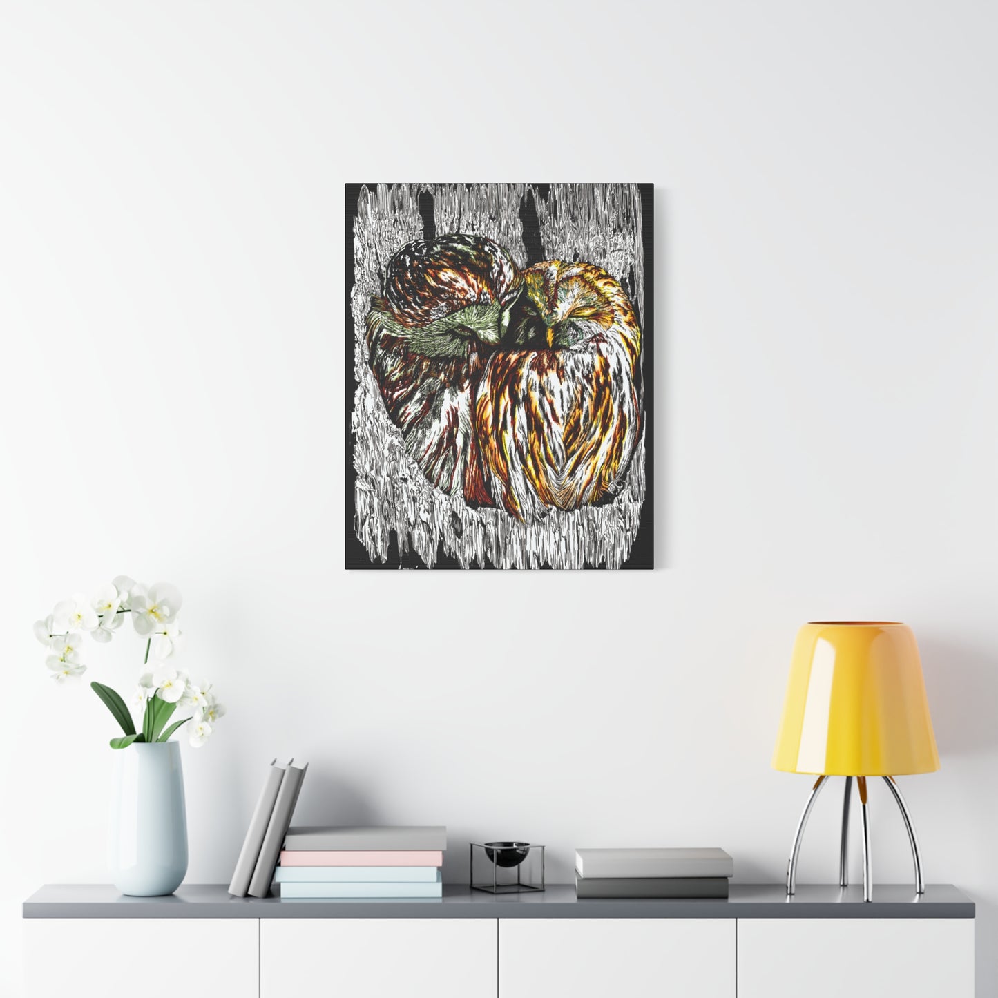 Owl Wall Art, Owl Print, Hand-Drawn Owls, Wildlife Art, Birds in Tree, Nature Wall Decor, Owl Lovers Gift, Woodland Art. Printed on Matte Canvas, Stretched, 1.25"