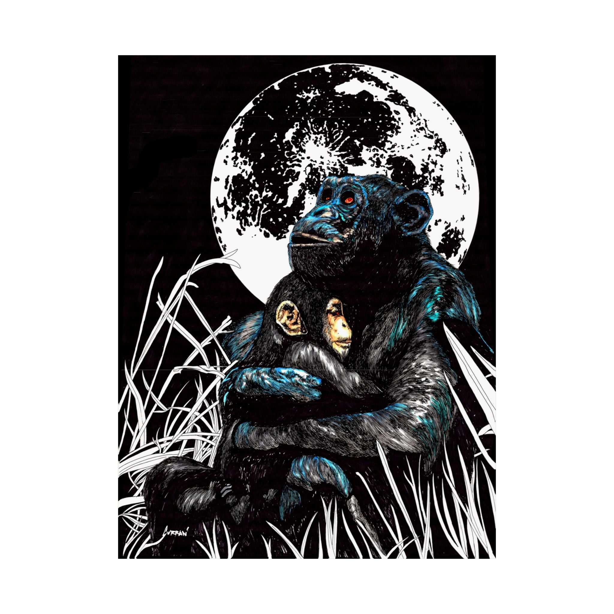 Satin Poster - Moonlit Gorilla and Child Embrace Art Print featuring the Hand Drawn, Original Animal Wall Art Poster by Kris Curran artist at Curran Artworks.