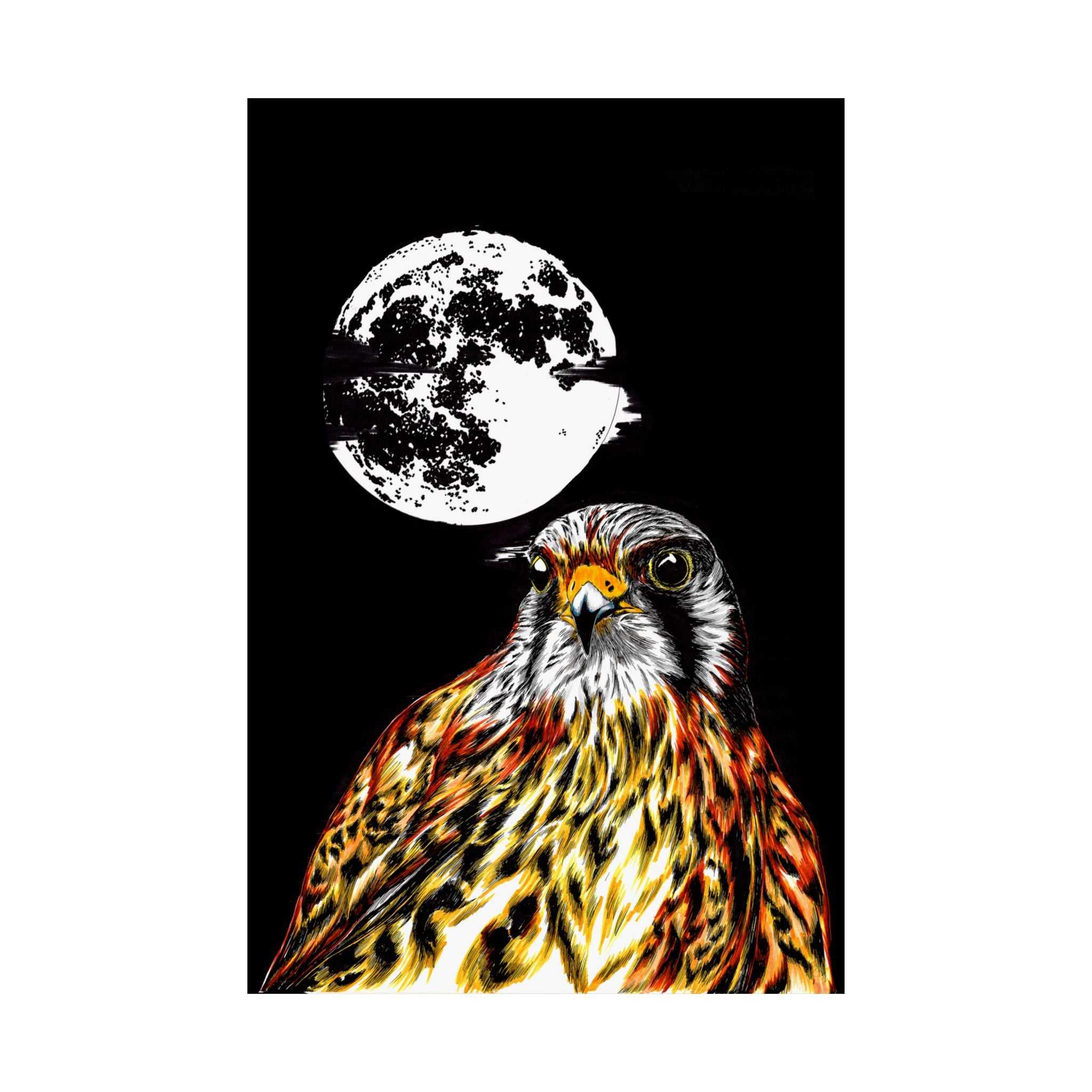Elevate your space with the Wildlife Satin Poster - Majestic Falcon with Moon Design showcasing the Original, Hand Drawn Art. Bring nature's beauty home today!