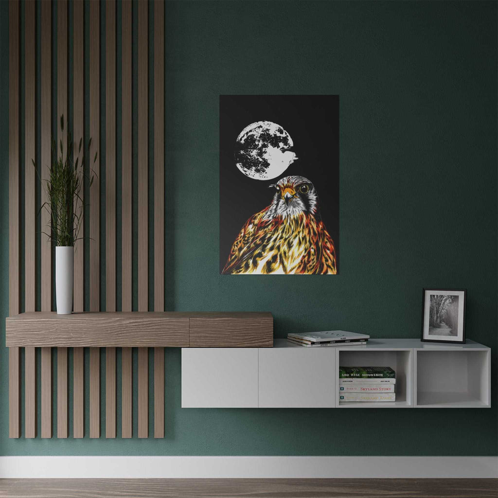 Elevate your space with the Wildlife Satin Poster - Majestic Falcon with Moon Design showcasing the Original, Hand Drawn Art. Bring nature's beauty home today!
