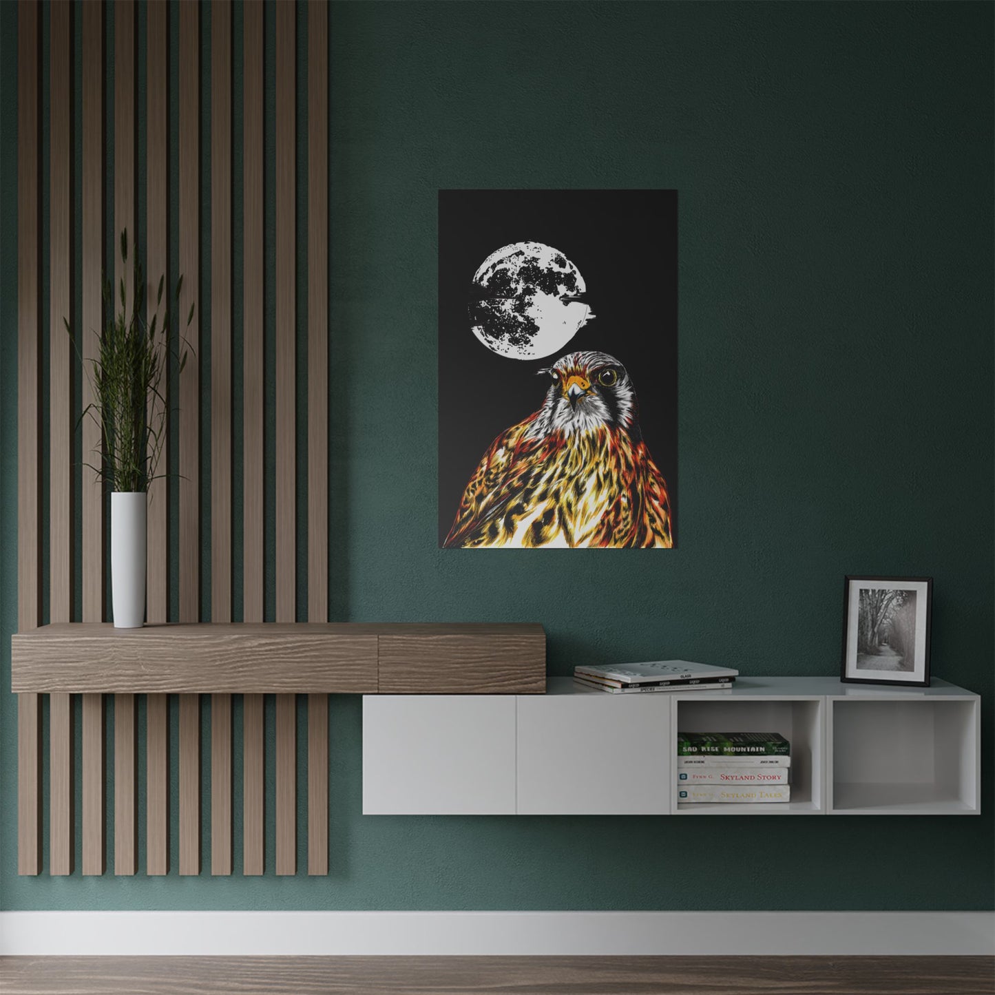 Wildlife Satin Poster - Majestic Falcon with Moon Design