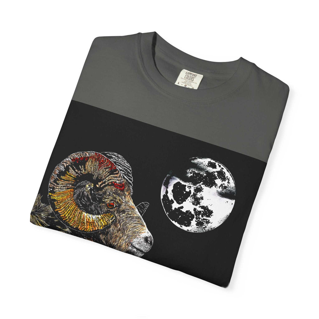 Elevate your style with our Mountain Ram and Moon Graphic Unisex T-Shirt, Nature-Inspired Artwear. Stand out with this unique piece now!