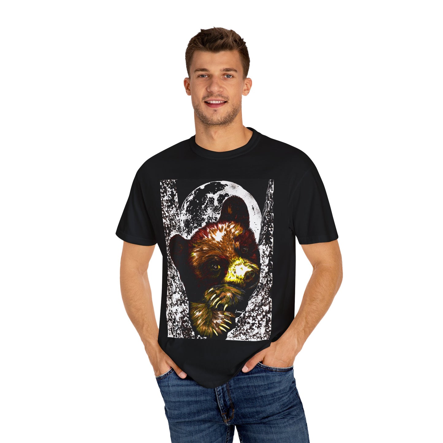Moonlit Brown Bear Cub Unisex Garment-Dyed T-Shirt | Nature-Inspired Apparel
