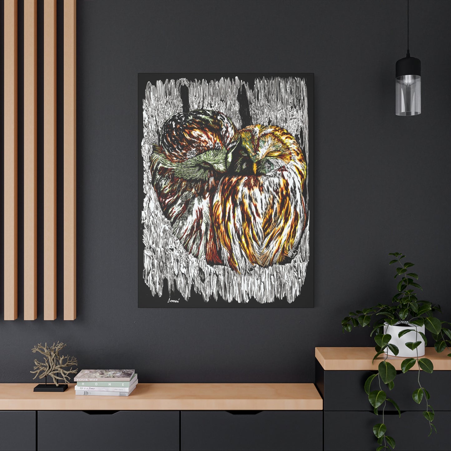 Owl Wall Art, Owl Print, Hand-Drawn Owls, Wildlife Art, Birds in Tree, Nature Wall Decor, Owl Lovers Gift, Woodland Art. Printed on Matte Canvas, Stretched, 1.25"
