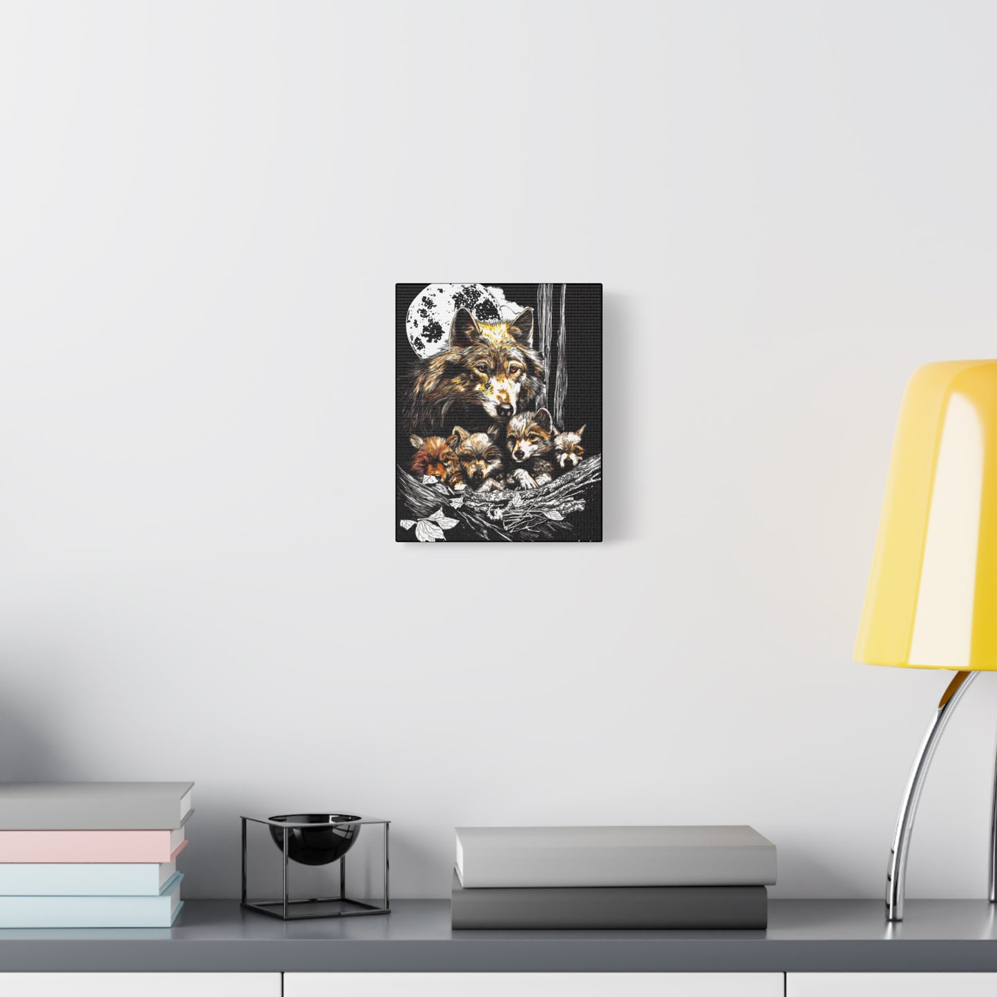 Wolf Wall Art, Wolf Print, Hand-Drawn Wolves, Wildlife Art, Wolf and Cubs, Nature Wall Decor, Animal Lover Gift, Woodland Art Printed on Matte Canvas, Stretched, 1.25"