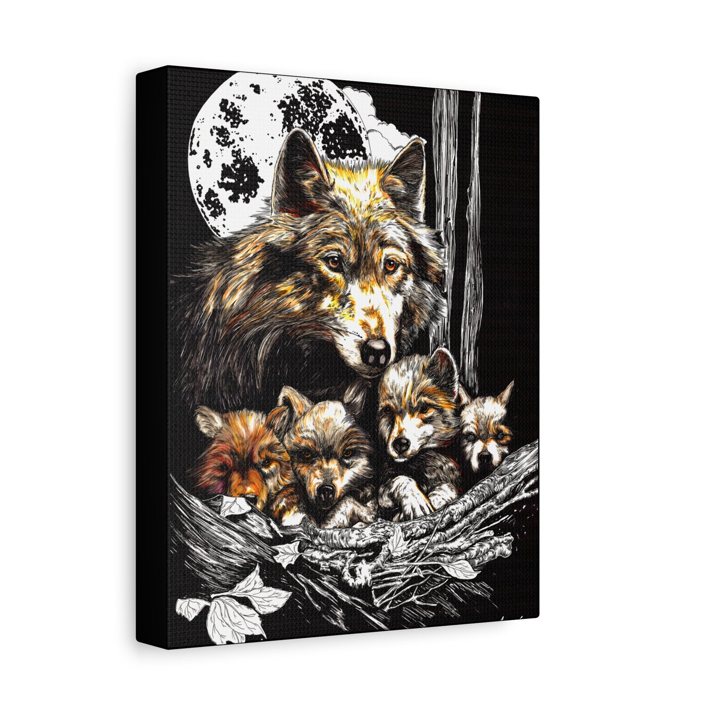 Wolf Wall Art, Wolf Print, Hand-Drawn Wolves, Wildlife Art, Wolf and Cubs, Nature Wall Decor, Animal Lover Gift, Woodland Art Printed on Matte Canvas, Stretched, 1.25"