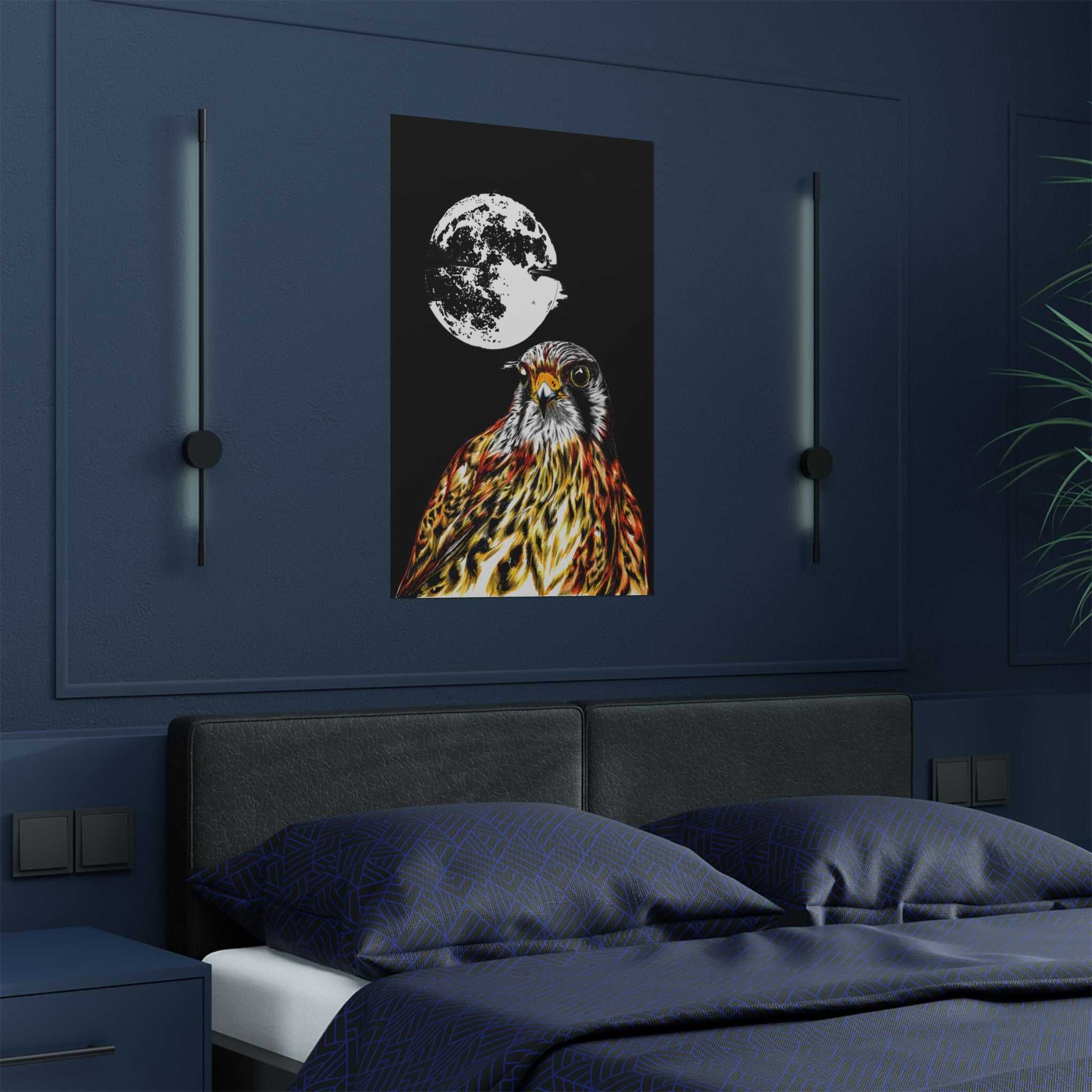 Elevate your space with the Wildlife Satin Poster - Majestic Falcon with Moon Design showcasing the Original, Hand Drawn Art. Bring nature's beauty home today!