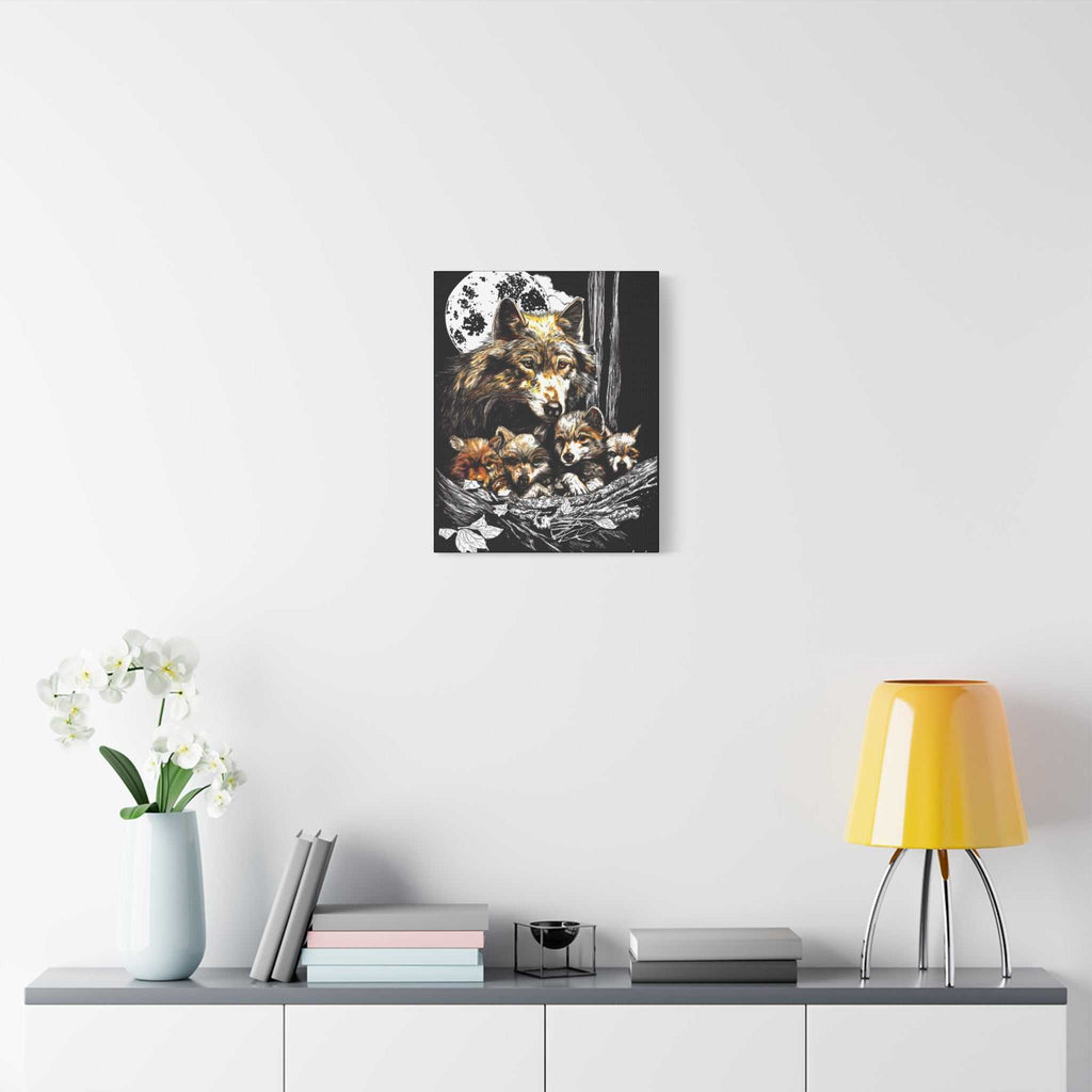 Wolf Wall Art, Wolf Print, Hand-Drawn Wolves, Wildlife Art, Wolf and Cubs, Nature Wall Decor, Animal Lover Gift, Woodland Art Printed on Matte Canvas,