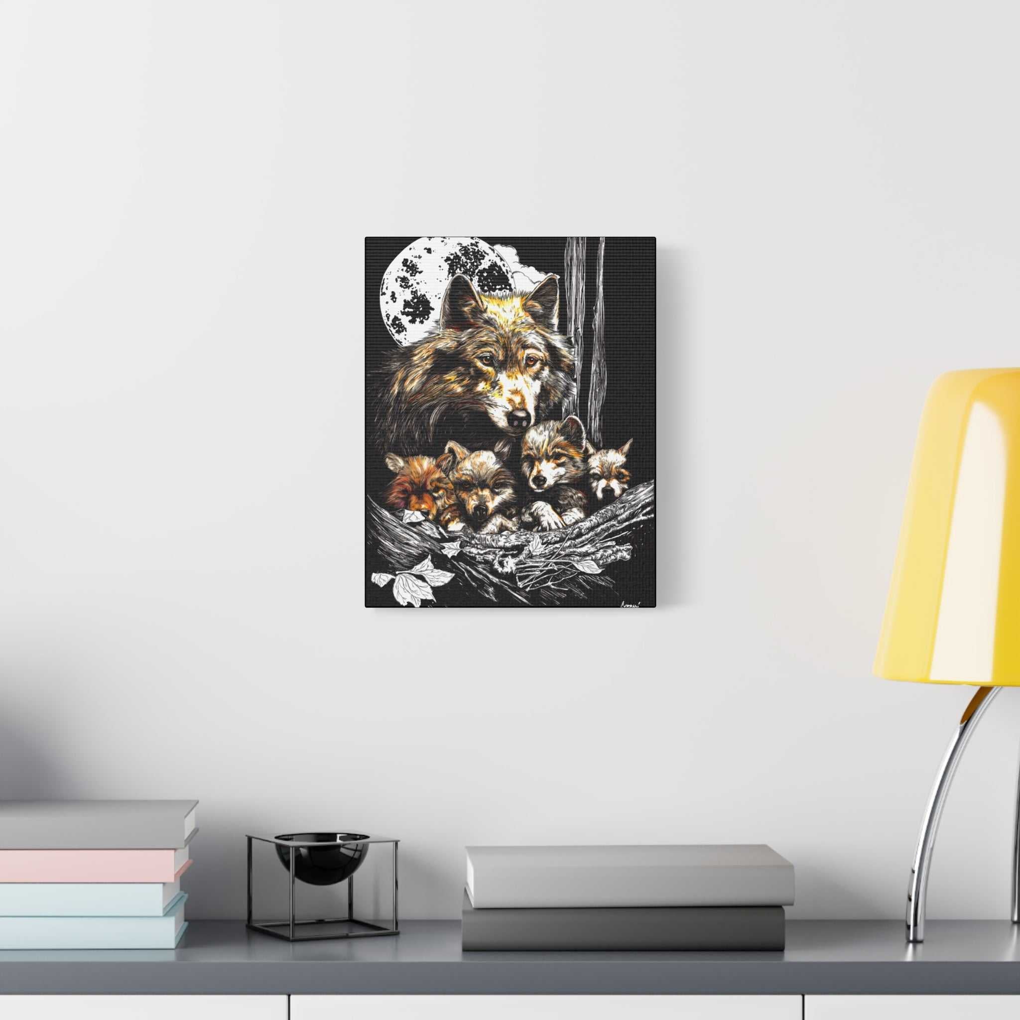 Wolf Wall Art, Wolf Print, Hand-Drawn Wolves, Wildlife Art, Wolf and Cubs, Nature Wall Decor, Animal Lover Gift, Woodland Art Printed on Matte Canvas,