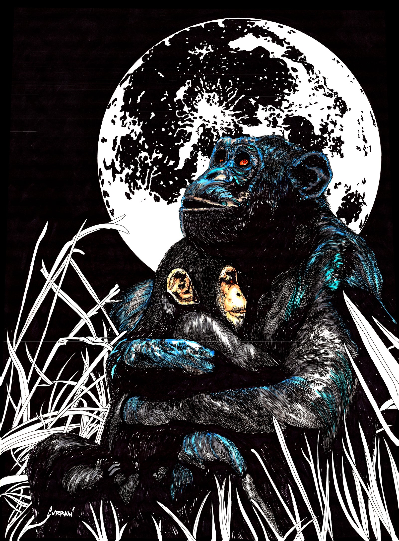 Gorilla and Child Original Hand Drawn Wall Art Poster