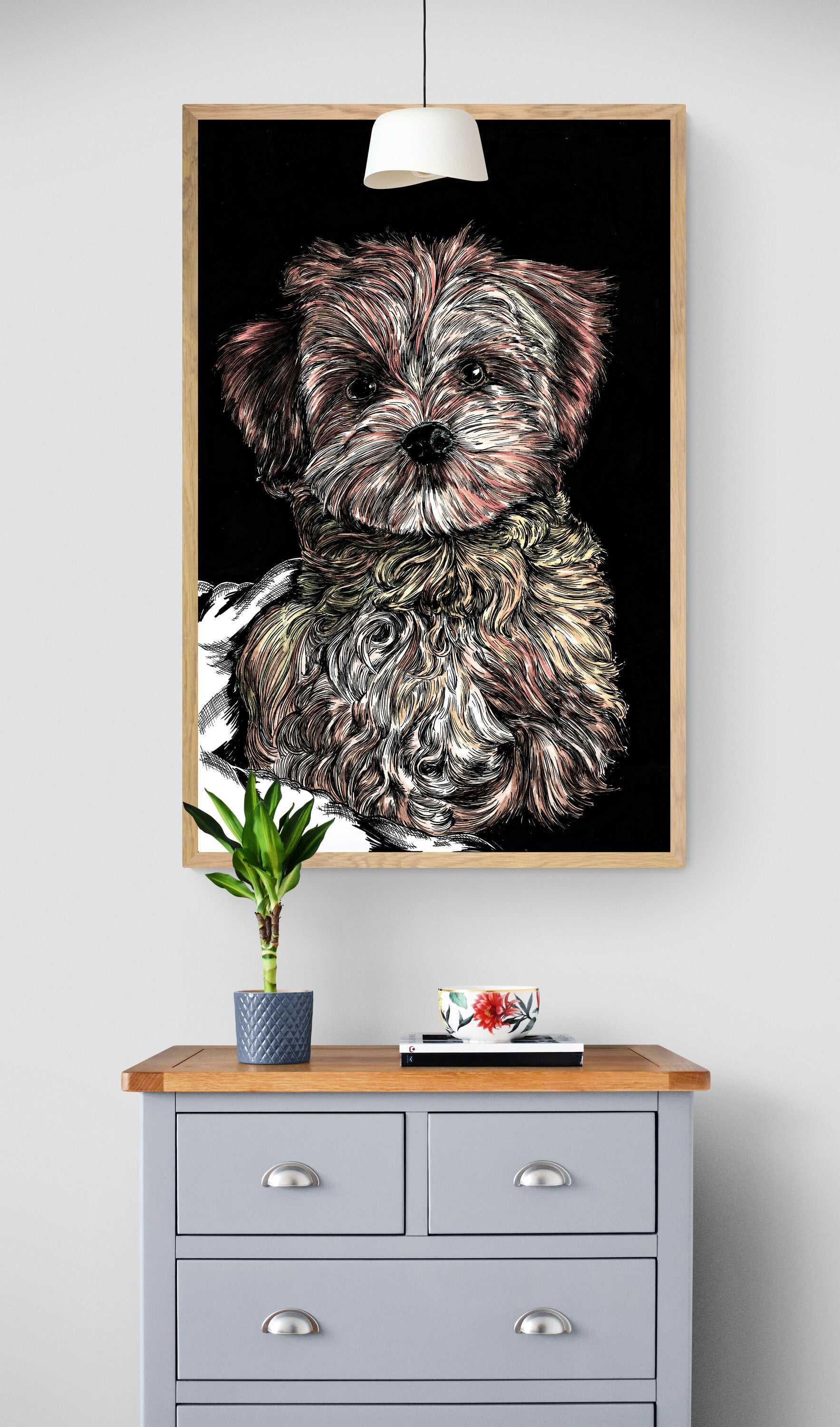 Puppy 2 Wall Art Poster Print, featuring the Original Art, hand drawn by Canadian Artist and Owner Kris Curran here at Curran Artworks.