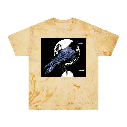 Artistic Crow Design Unisex Color Blast T-Shirt - on Vivid Tie - Dye Background - Curran Artworks