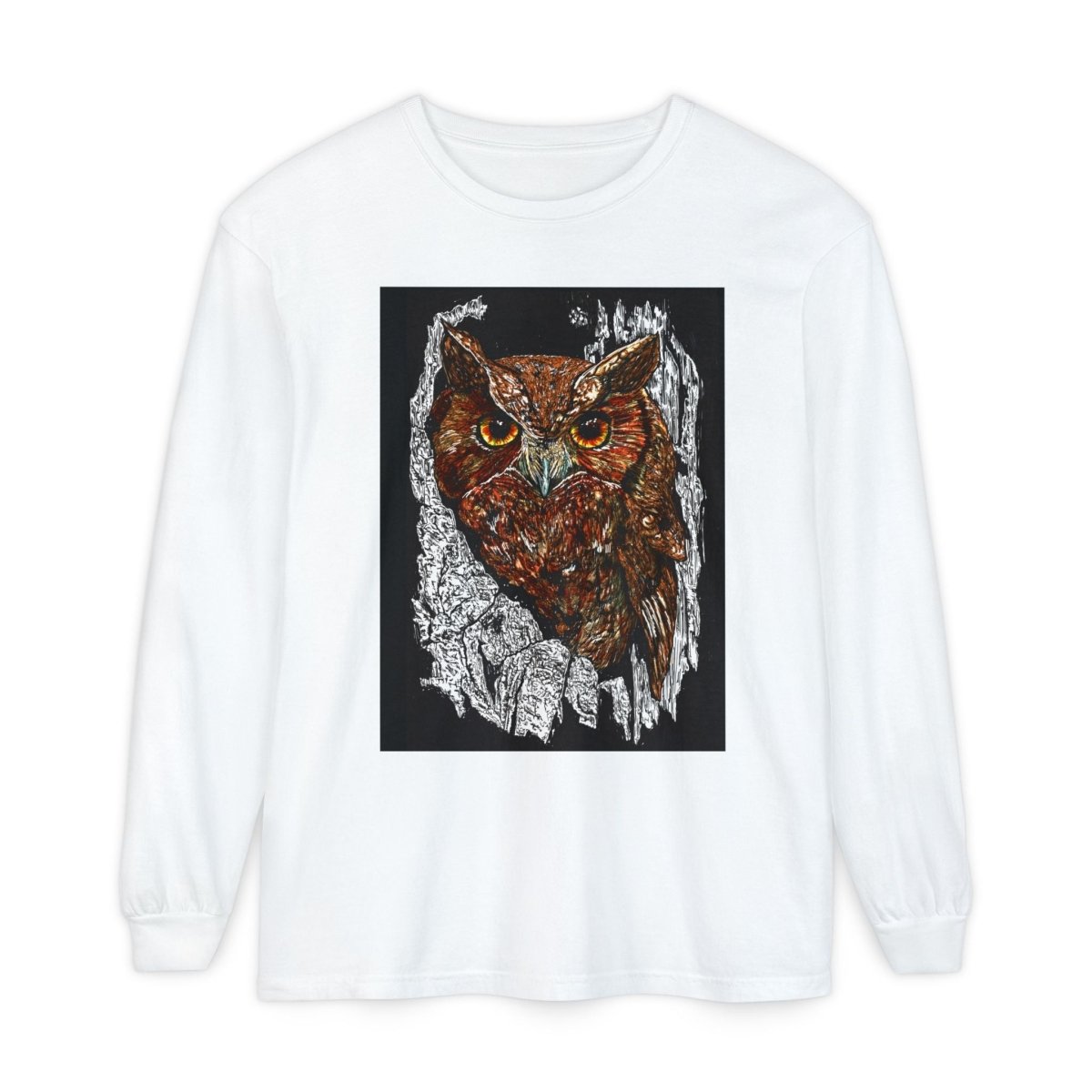 Artistic Owl Long Sleeve T-Shirt - Unisex Garment - Dyed Tee for Nature Lovers - Curran Artworks