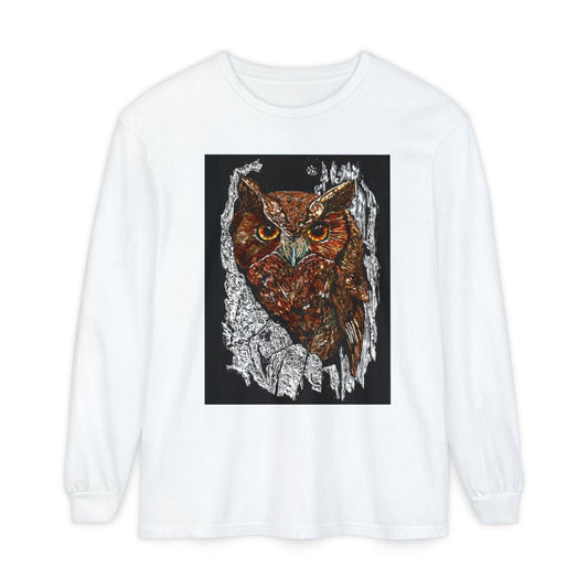 Artistic Owl Long Sleeve T-Shirt - Unisex Garment - Dyed Tee for Nature Lovers - Curran Artworks